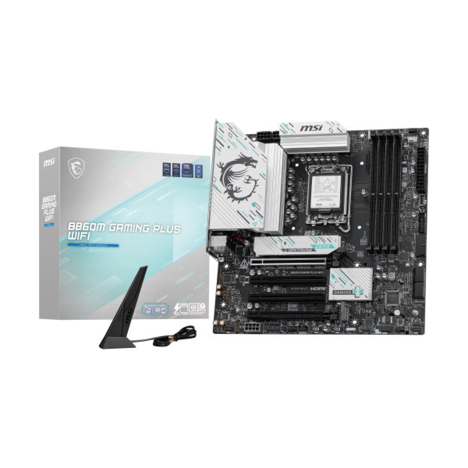 MSI B860M Gaming Plus WiFi · Intel LGA1851 · 4 Slots DDR5 · USB 10Gbps · MatX