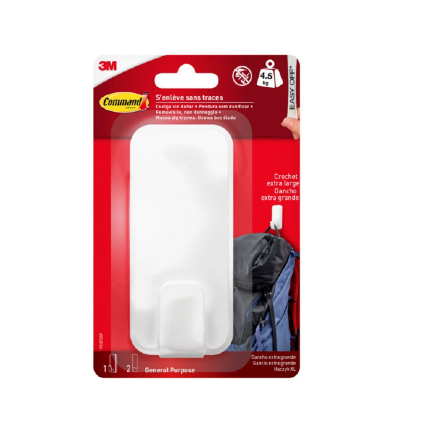 3M Command · Gancho Adhesivo Extragrande · Blanco · Hasta 4,5 kg · Sin Taladro