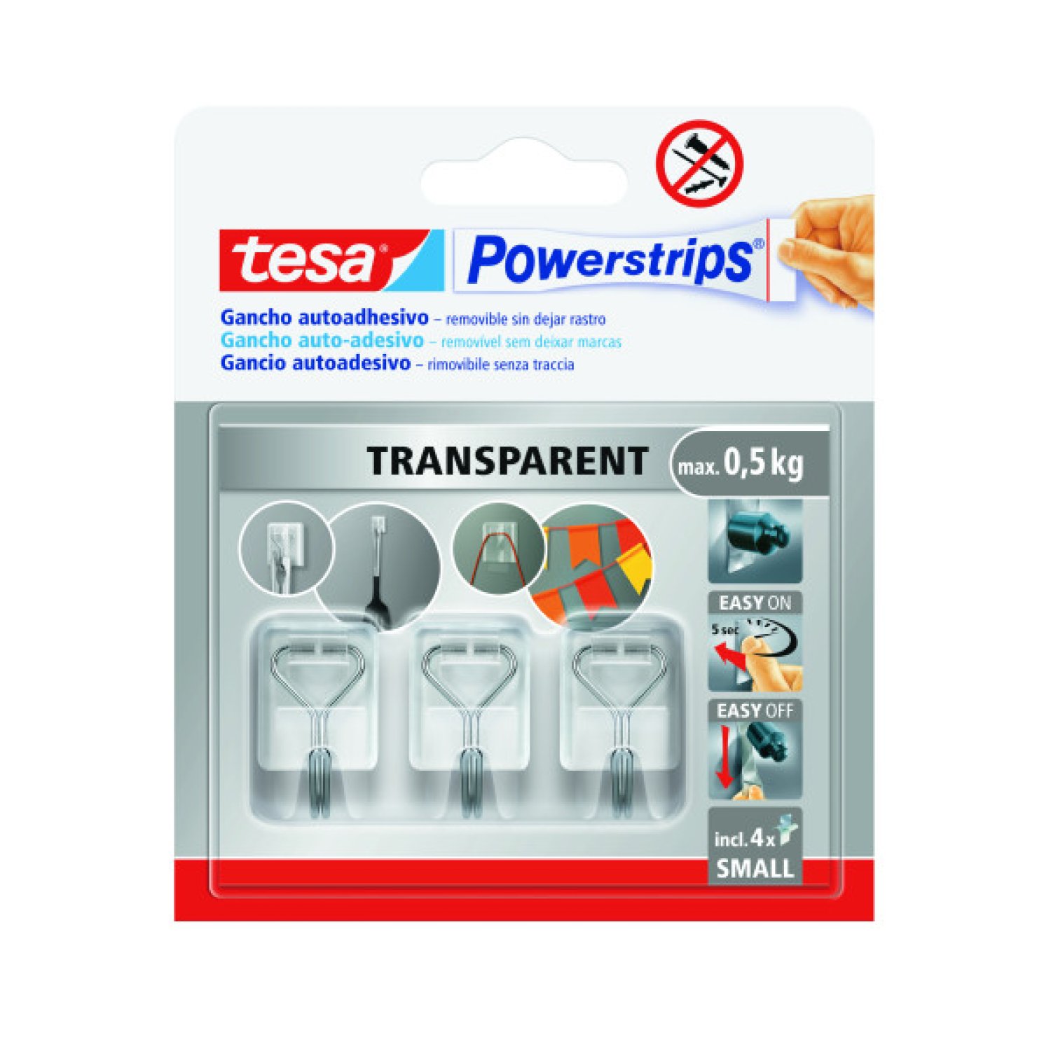 TESA PowerStrips · 3 Ganchos Adhesivos · Tamaño S · 0,5kg · Transparente