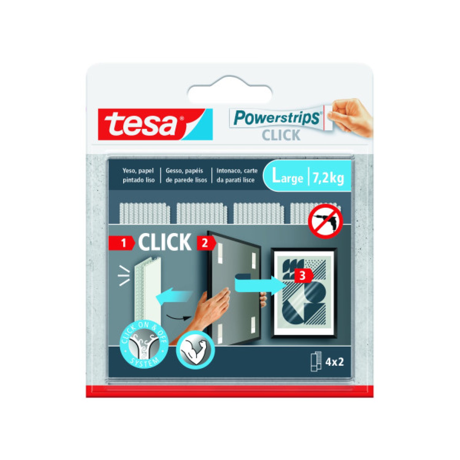 Tesa PowerStrips Clik · Tiras Adhesivas Cuelga Objetos · 7,2kg · 4 Pares · 85x20mm