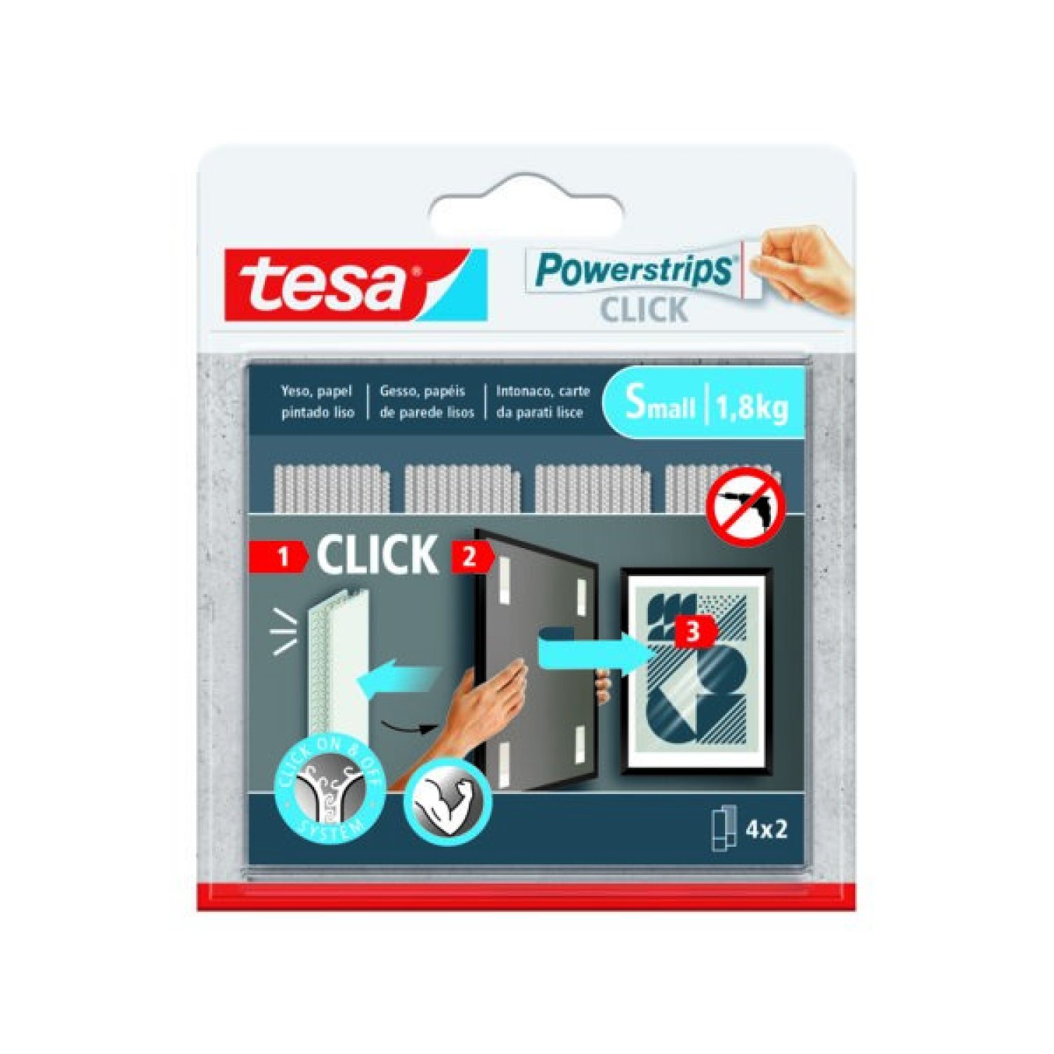 Tesa Powerstrips Clik · Tiras Adhesivas Cuelga Objetos · 1,8 kg · 4 Pares · 60x20 mm
