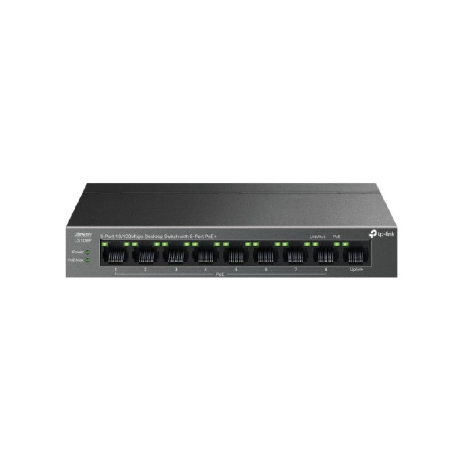 TP-Link Switch Sobremesa · 9 Puertos 10/100 Mbps · 8 Puertos PoE+ · 63W · Acero