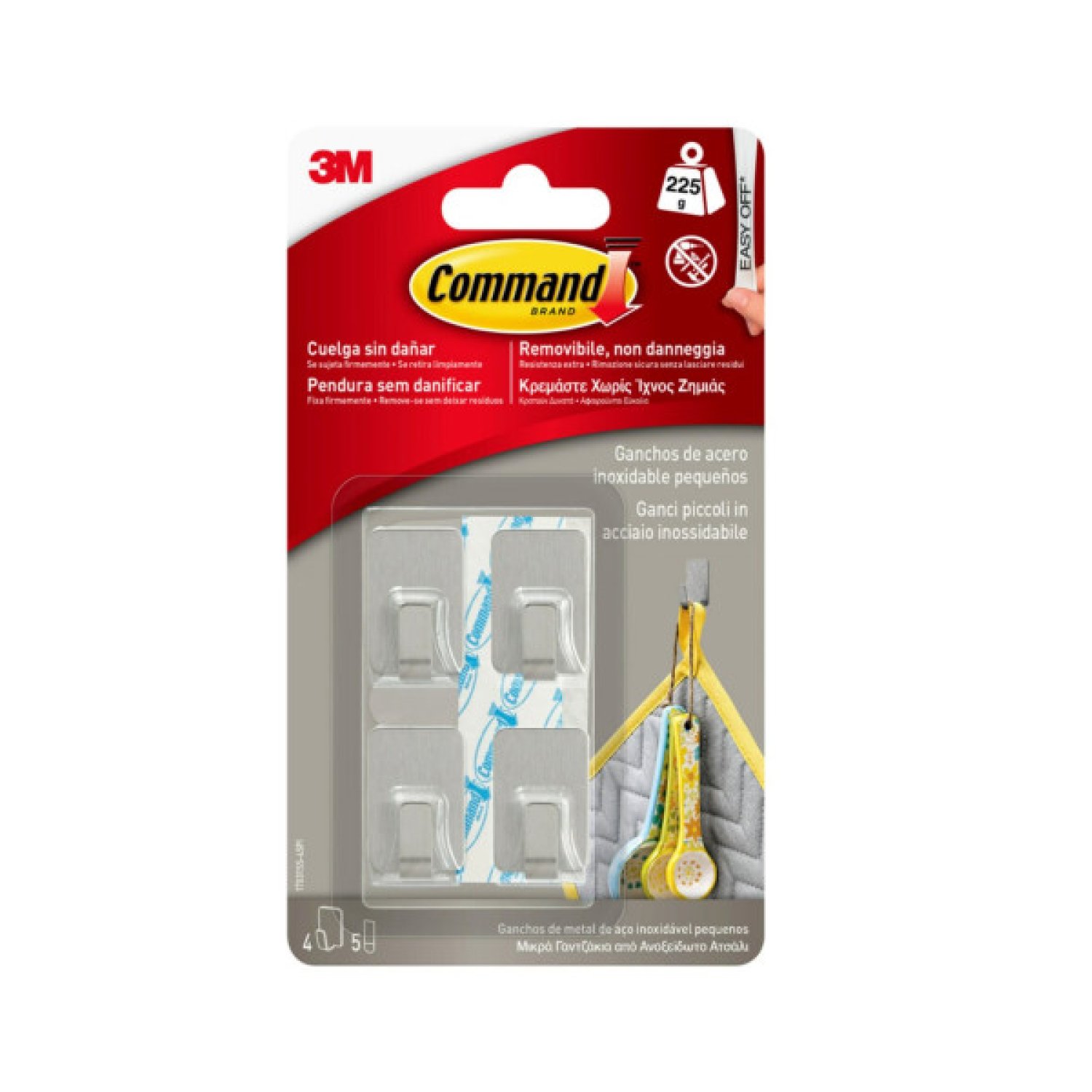 3M Command · 4 Ganchos Adhesivos Acero Inoxidable · Pequeños · Carga 225g