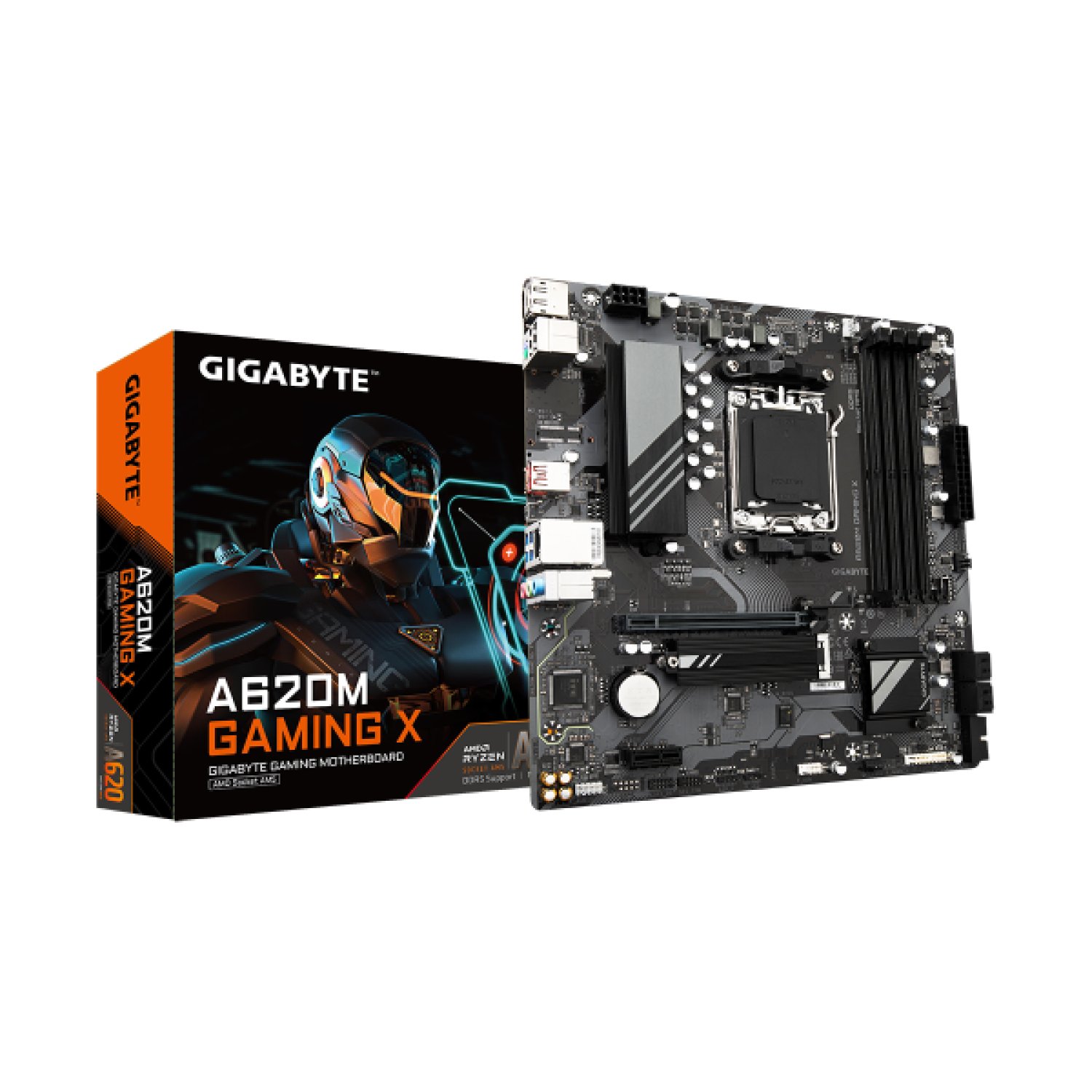 Gigabyte A620M Gaming X · AMD AM5 · DDR5 · VGA+HDMI · 4 SATA3 · M.2 · MicroATX