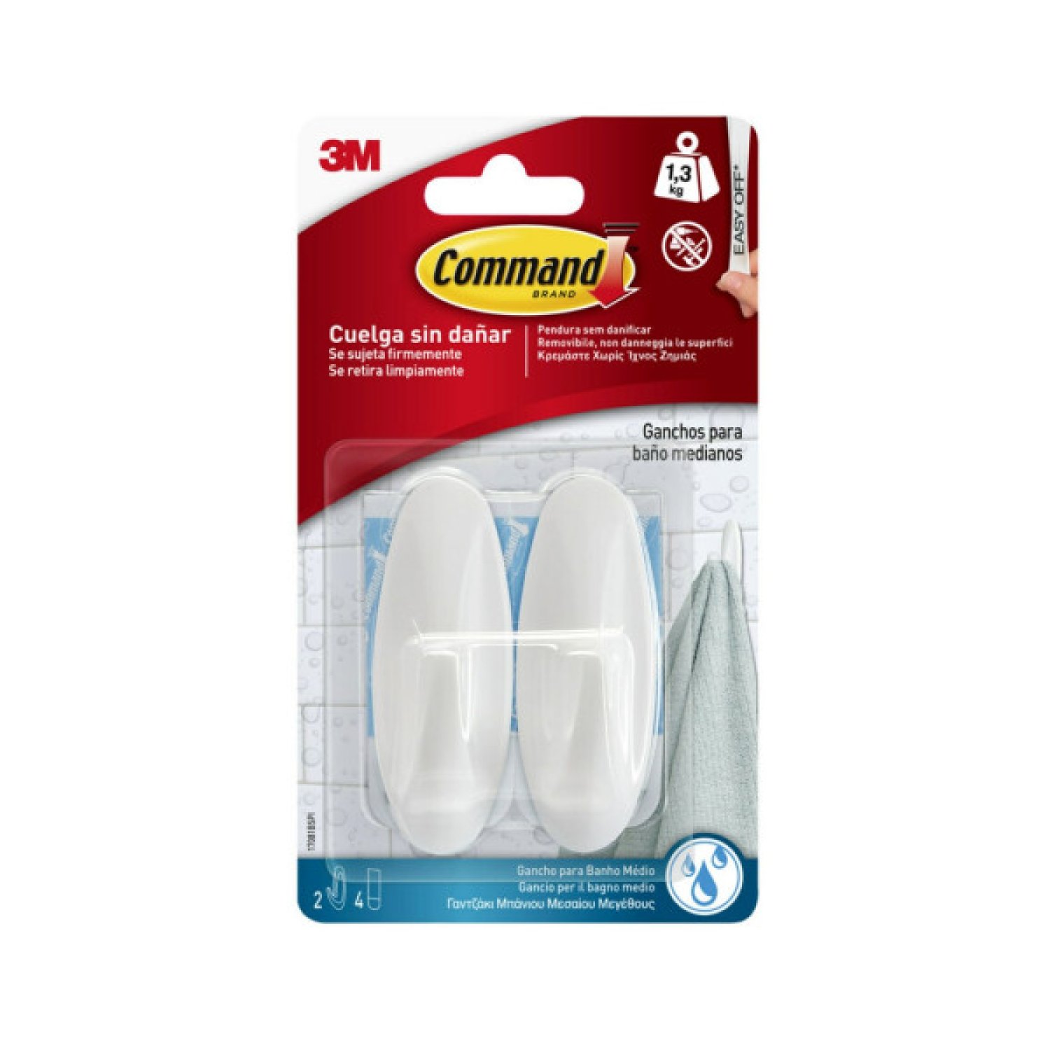 3M Command · 2 Ganchos Adhesivos Medianos · Hasta 1,3kg · Blanco para Baño
