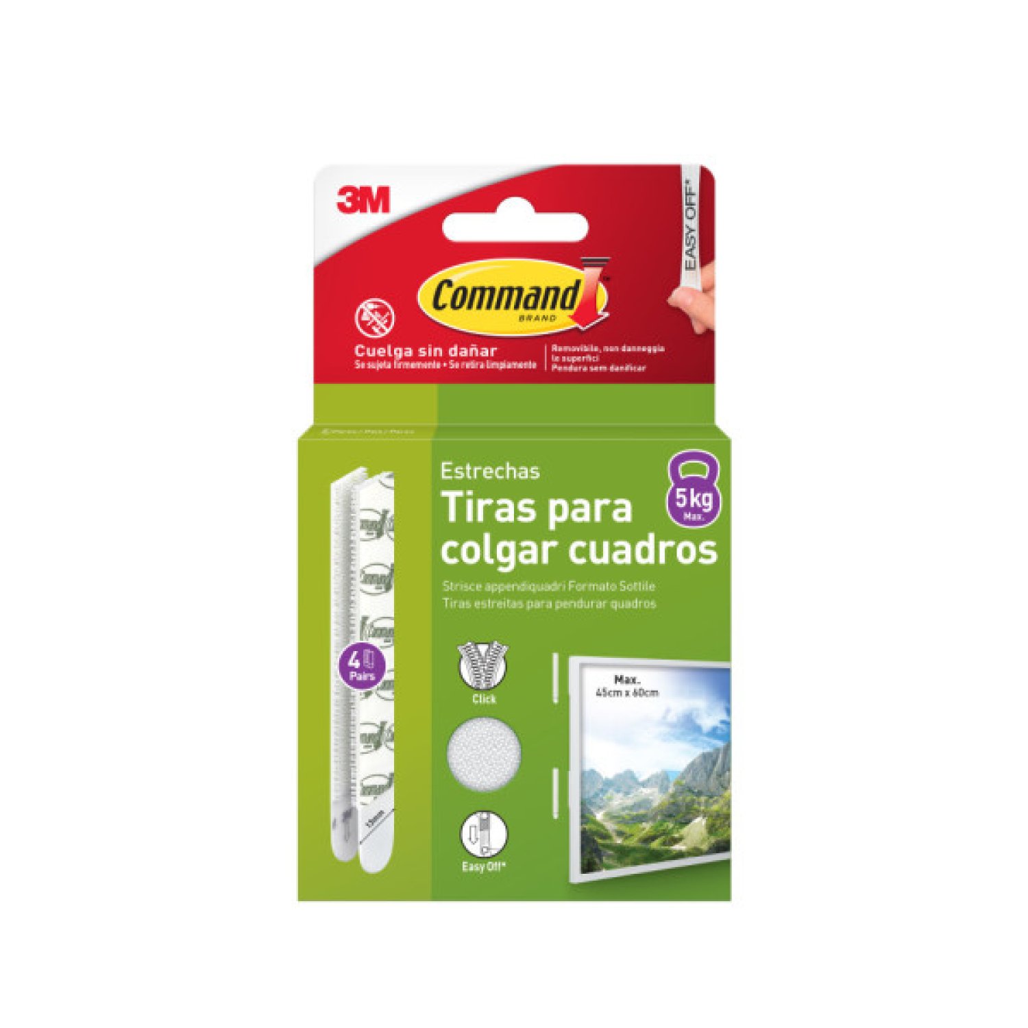 3M Command · Tiras Adhesivas Estrechas · Cuadros hasta 5kg · Pack 4 Unidades