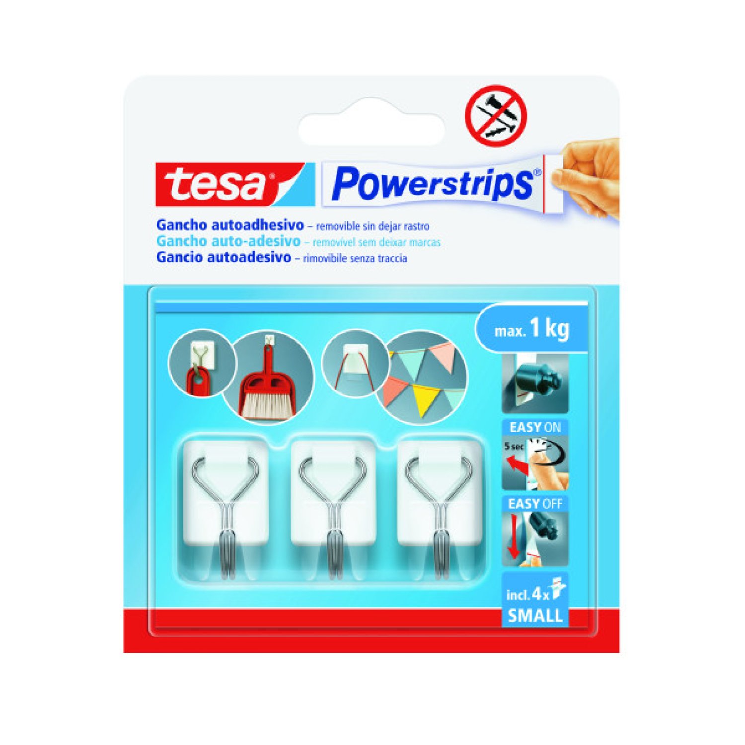 Tesa PowerStrips · 3 Ganchos Adhesivos · Tamaño S · 1kg · Blanco
