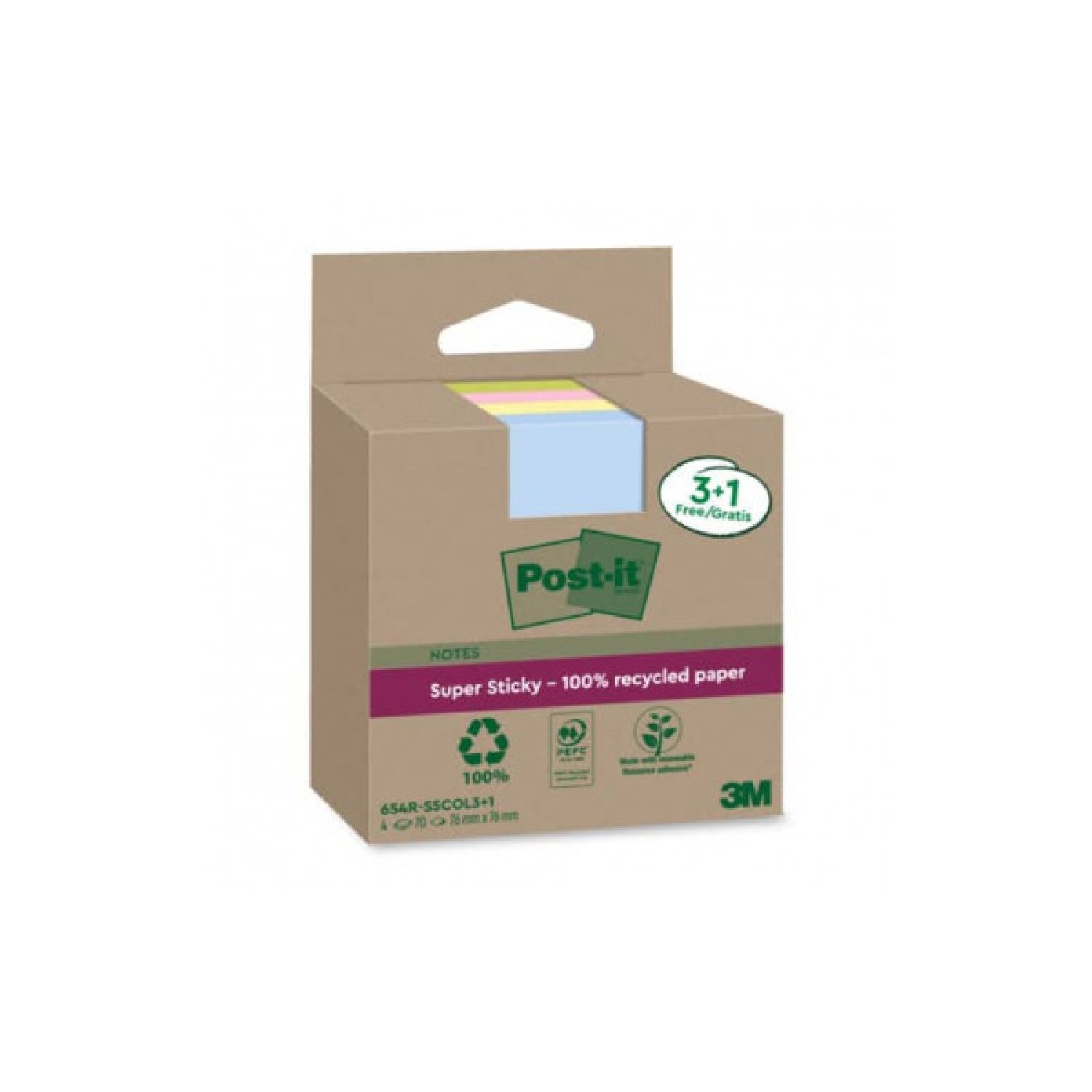 Post-it · Pack 3+1 Blocs Notas Recicladas Adhesivas · 76x76mm · Colores Surtidos