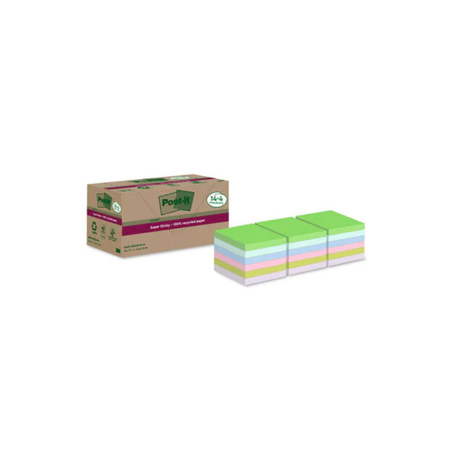 Post-it · Pack 18 Blocs Notas Adhesivas · 76x76mm · 90 Hojas · Recicladas · Colores Surtidos