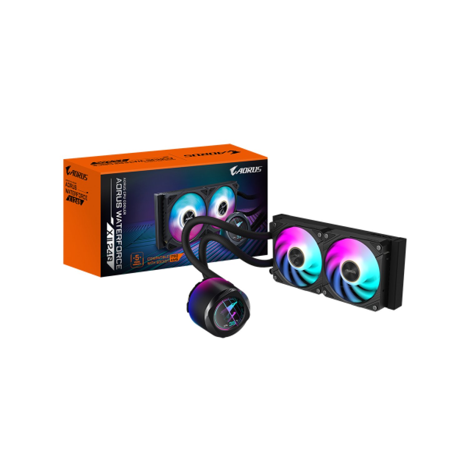 Gigabyte Aorus WaterForce X II 240 · Refrigeración Líquida AIO · 2 Ventiladores 120mm ARGB · Pantalla LCD · LGA1700/AM5