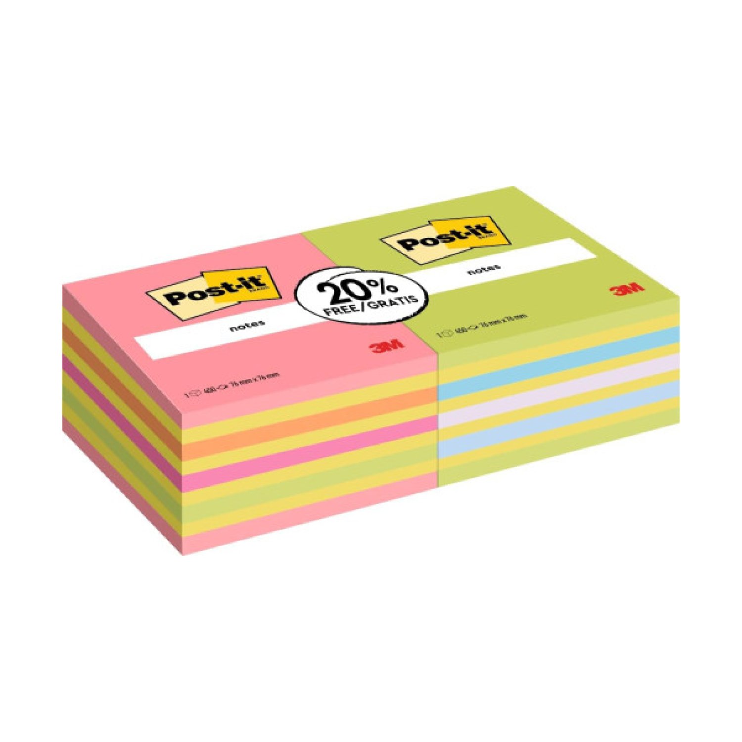 Post-it · Pack 2 Blocs · 450 Hojas · 76x76mm · Colores Surtidos