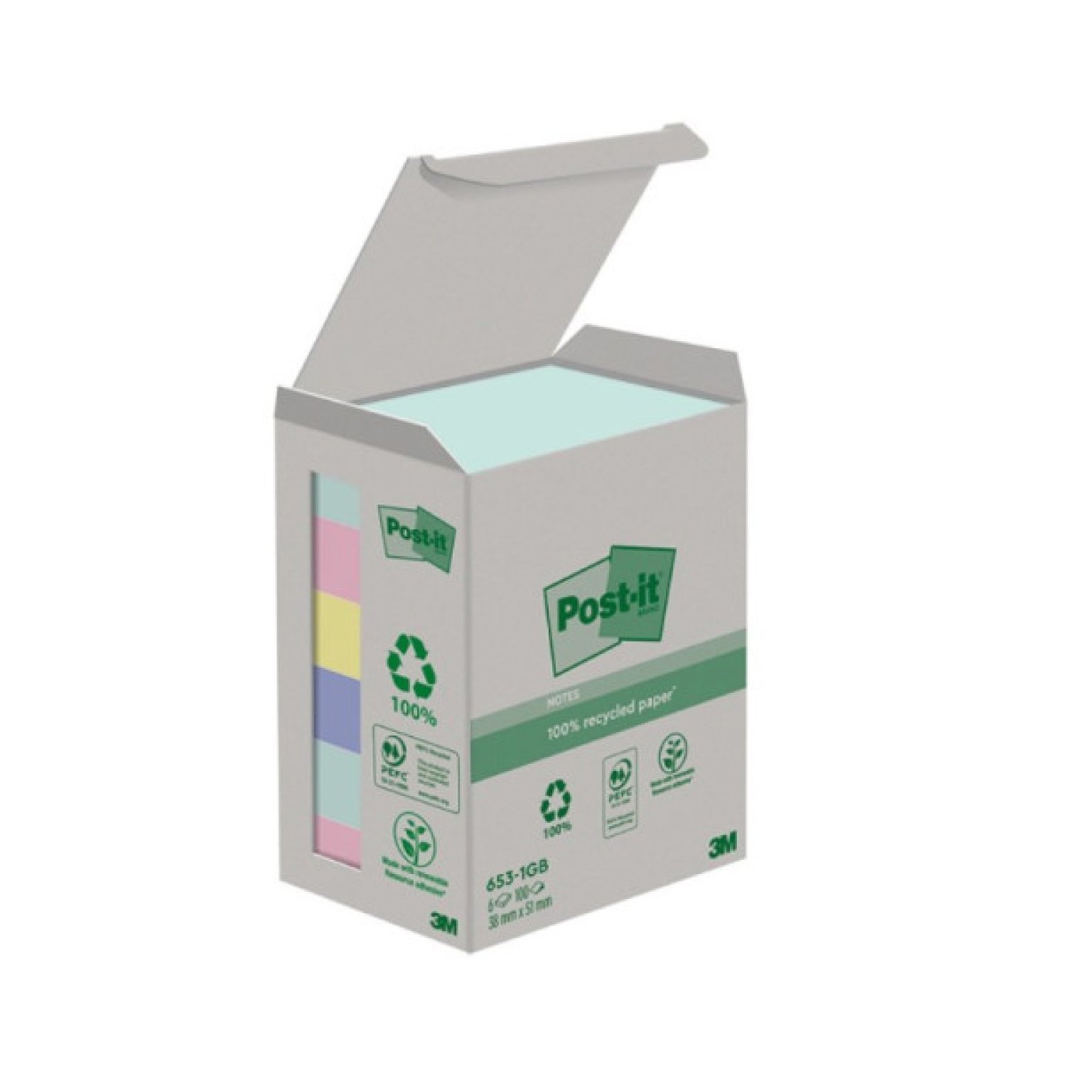 Post-it · Pack 6 Blocs Notas Recicladas Adhesivas · 38x51mm · Colores Surtidos