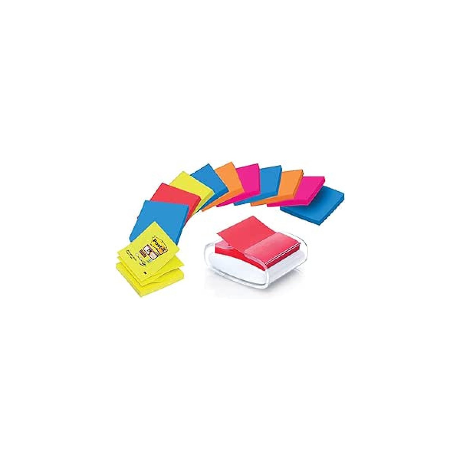 Post-it · Pack Dispensador Blanco Pro · 12 Blocs Z-Notes 76x76mm · Super Sticky · Colores Variados