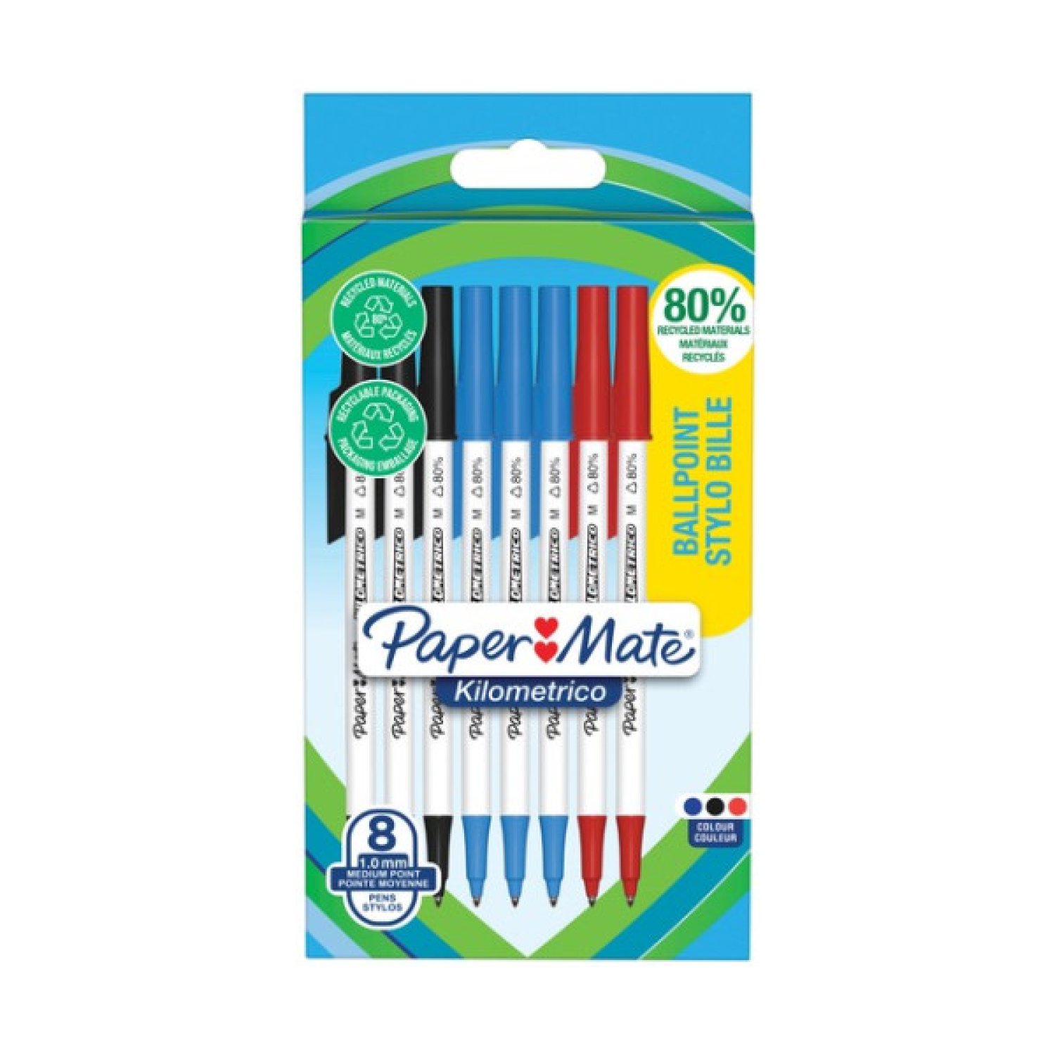 Paper Mate · Blíster 8 Bolígrafos Kilométricos · Punta 1,0mm · Tinta Negra/Azul/Roja · 80% Reciclado
