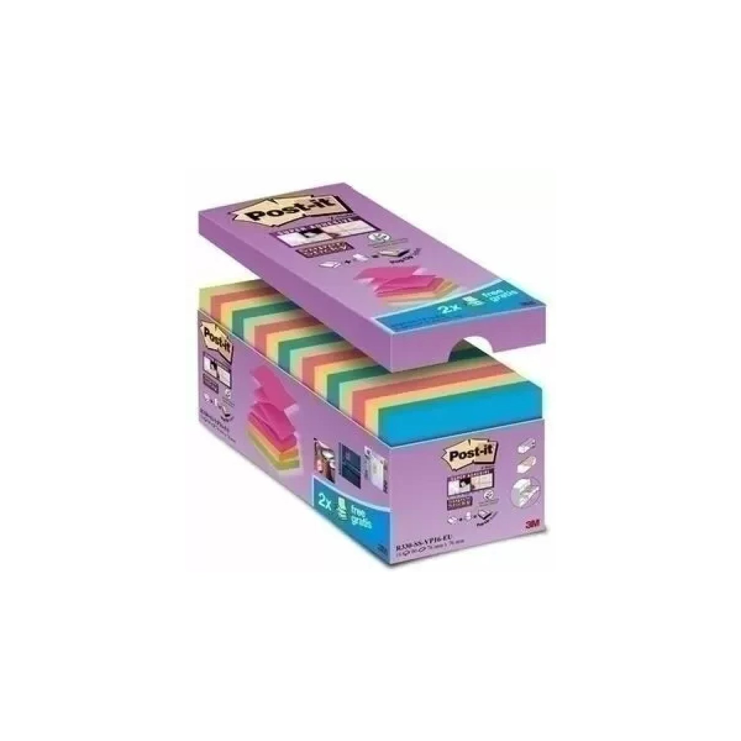 Post-it · Pack 20 Blocs Z-Notes · 76x76mm · Super Sticky · 90 Hojas · Colores Surtidos