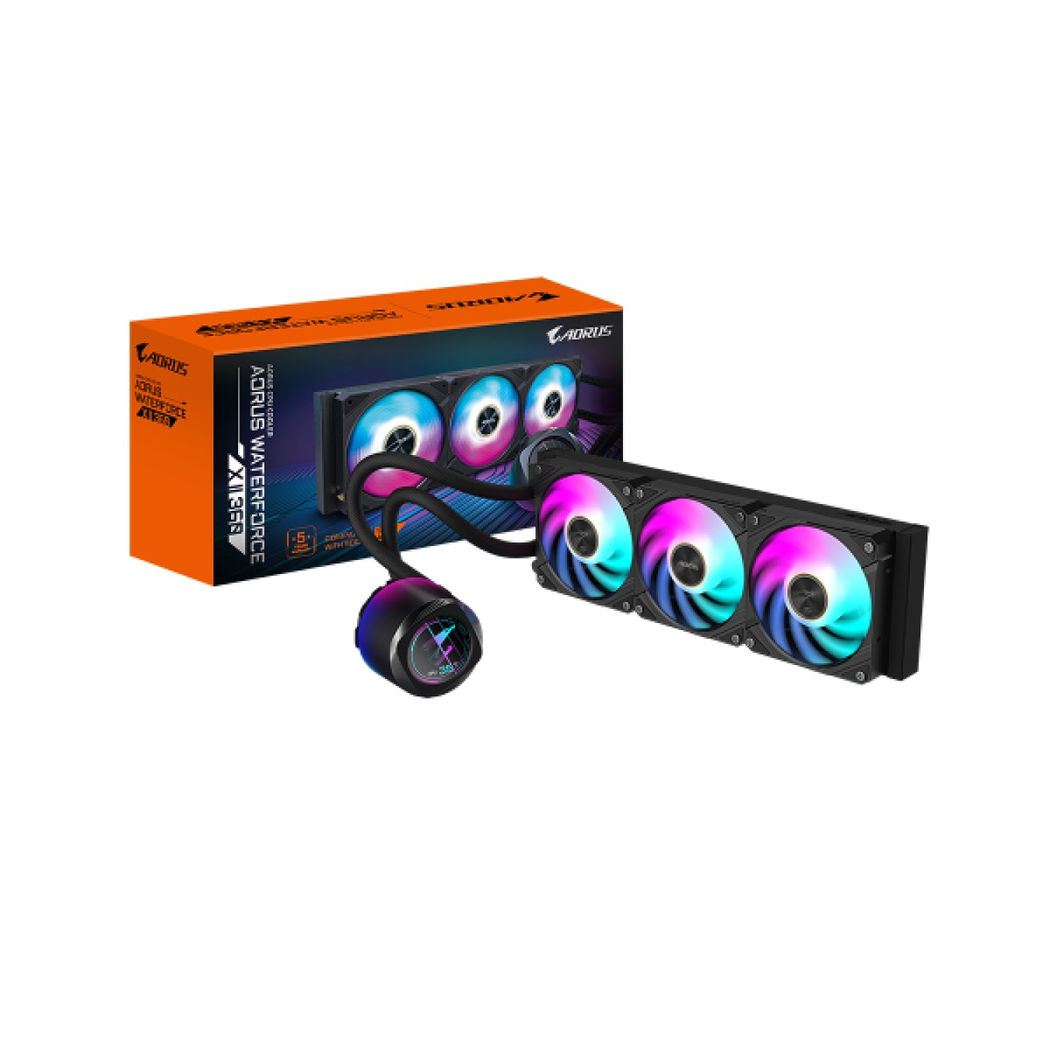 Gigabyte AORUS WATERFORCE X II 360 · Refrigeración Líquida AIO · 3 Ventiladores 120mm ARGB · Pantalla LCD · LGA1700/AM5