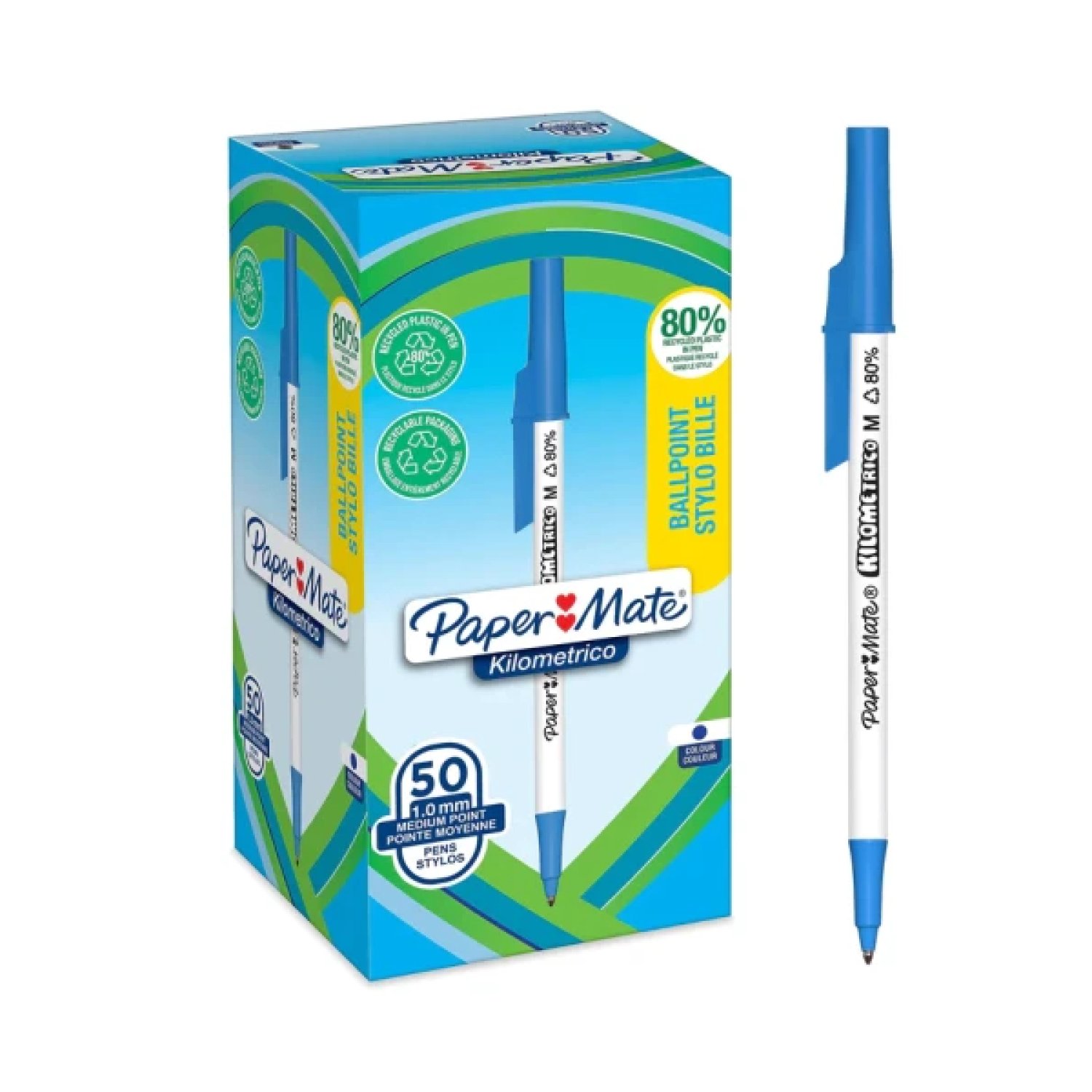 Paper Mate Kilométrico · Caja 50 Unidades · Punta Mediana 1,0mm · Tinta Azul · Plástico Reciclado 80%