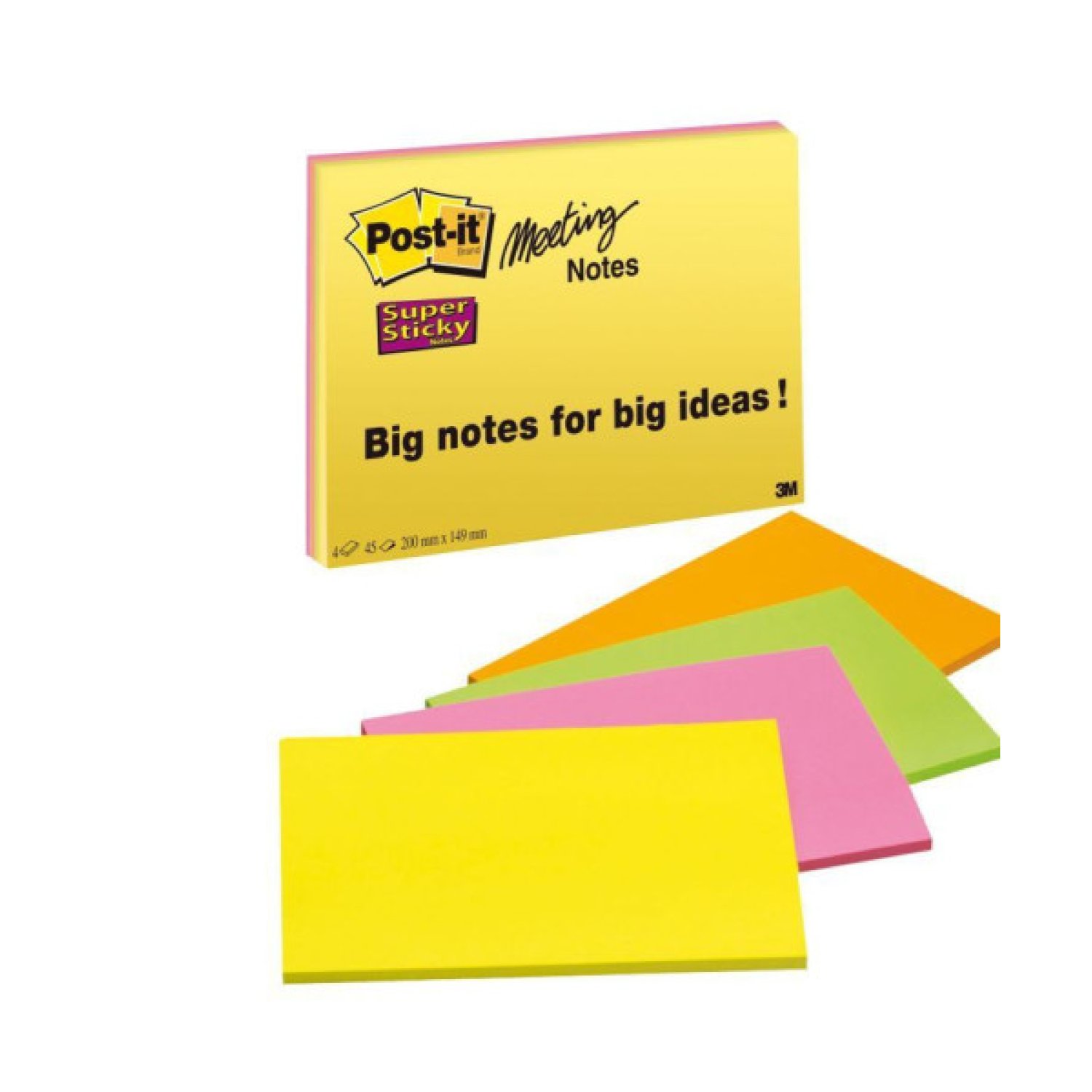 Post-it · Pack 4 Blocs Notas Adhesivas · 203x152mm · 45 Hojas · Colores Neón Surtidos