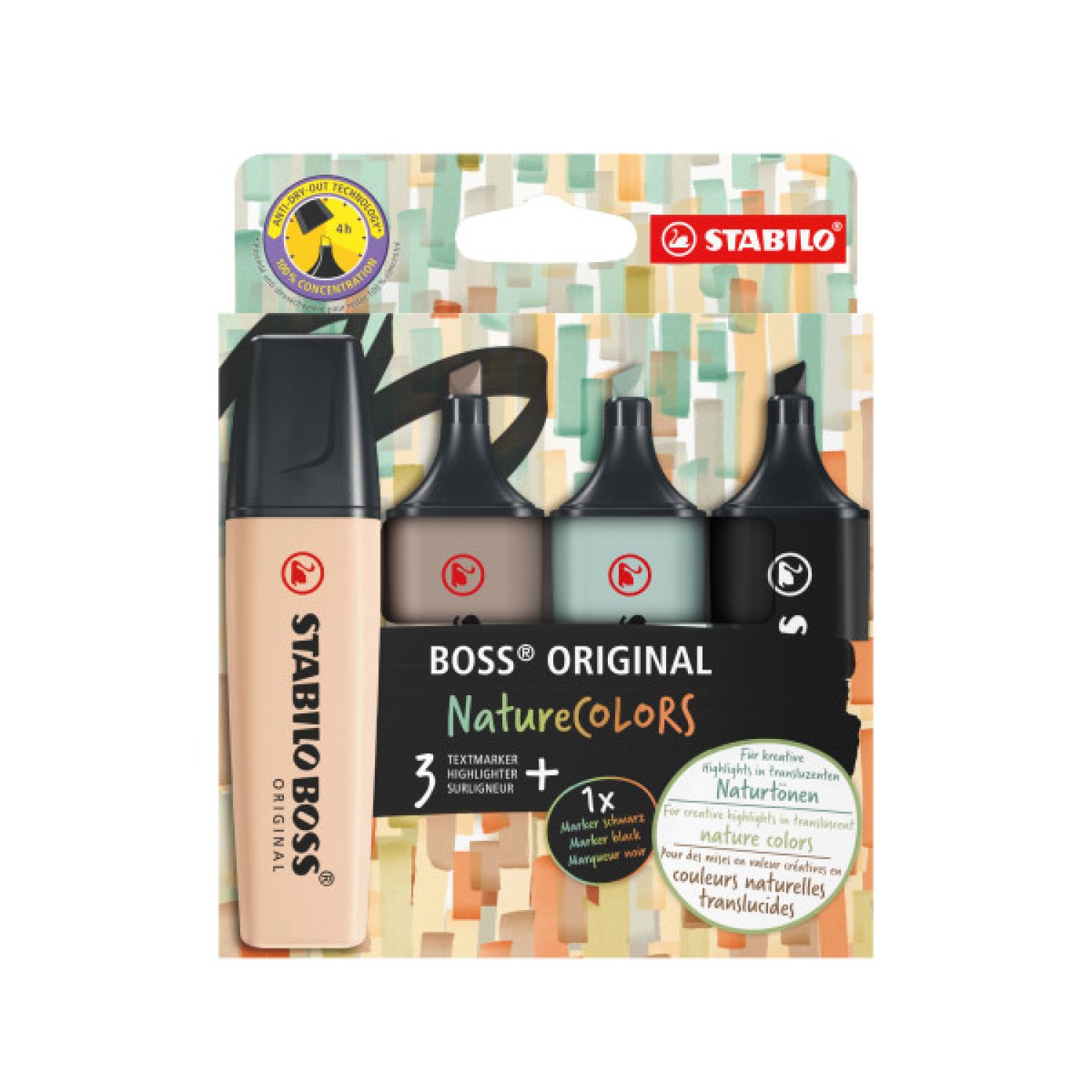 Stabilo Boss Original NatureColors · Set 4 marcadores · Punta cincel · Beige, Negro, Verde, Gris