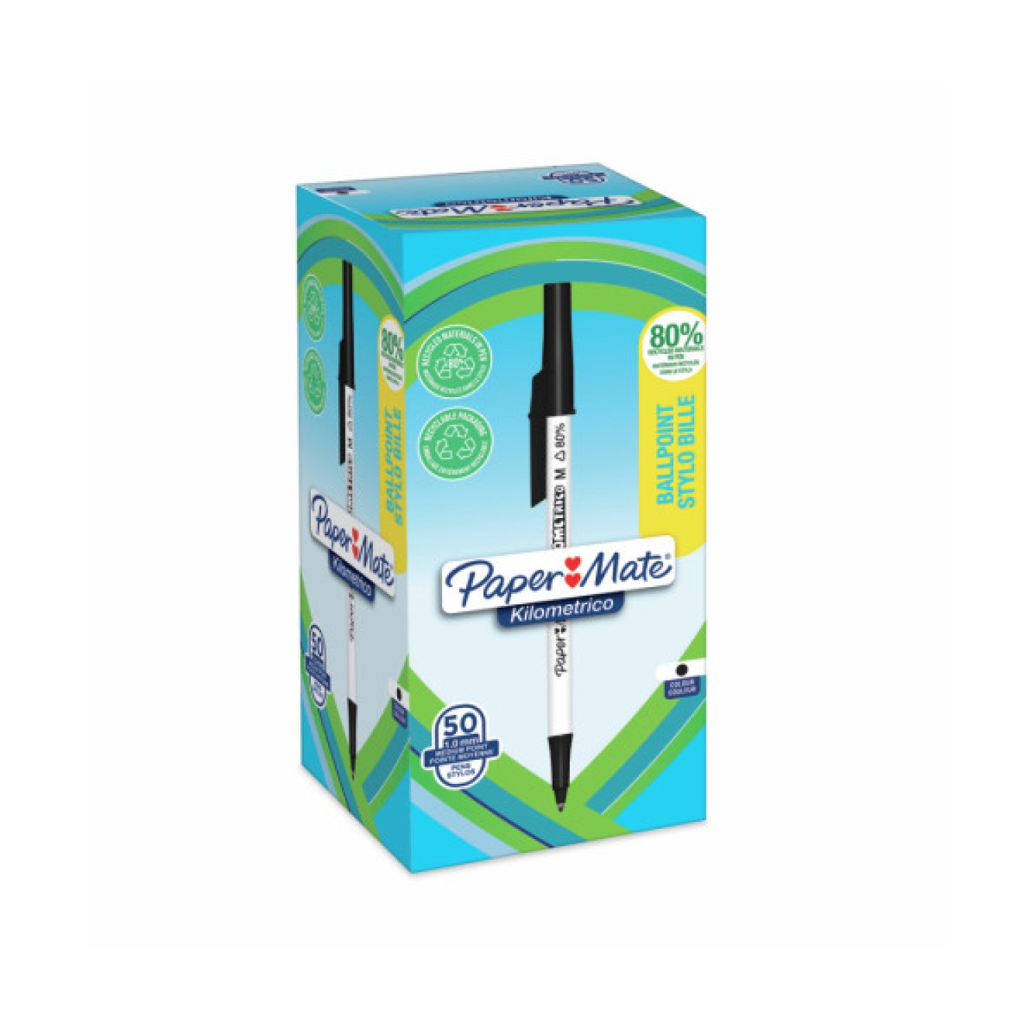 Paper Mate · Bolígrafos Kilométricos · Pack 50 unidades · Punta 1,0mm · Tinta Negra · 80% Plástico Reciclado