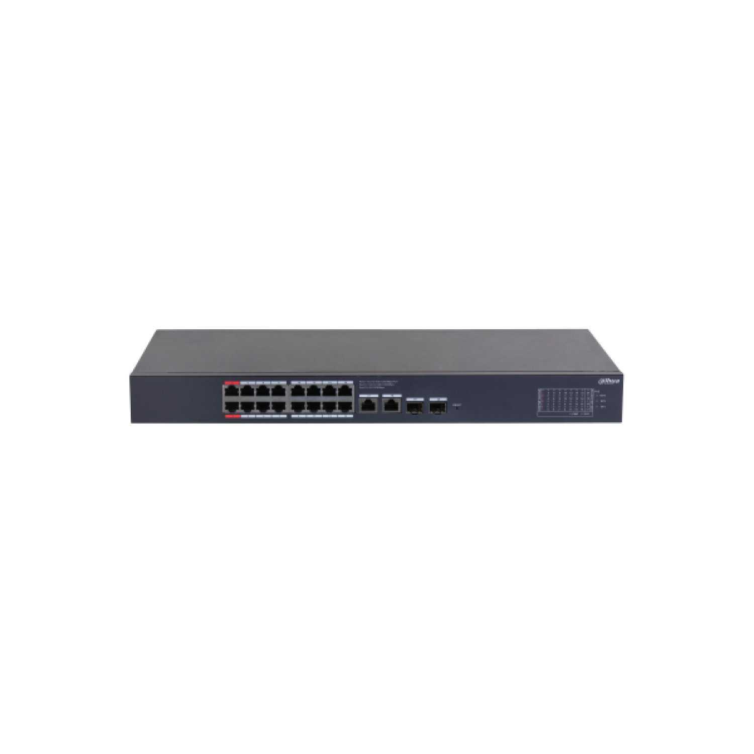 Dahua Switch PoE · 16 Puertos Gigabit · 2 Uplink RJ45 · 2 SFP · 240W · L2 Managed Cloud