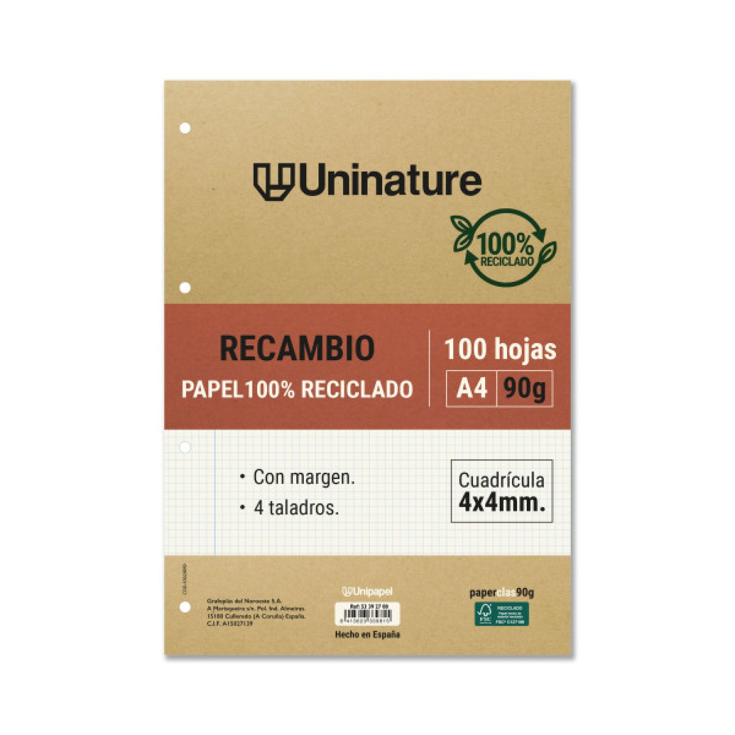 Grafoplas Uninature · Bloc Reciclado A4 · 100 Hojas · 90g · Cuadrícula 4x4mm