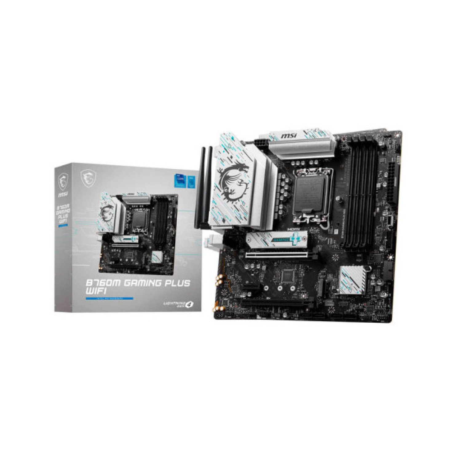 MSI B760M Gaming Plus WiFi · Socket 1700 · 4 DDR5 · 2 HDMI · 2 DP · WiFi 6E · Bluetooth 5.3 · Matx
