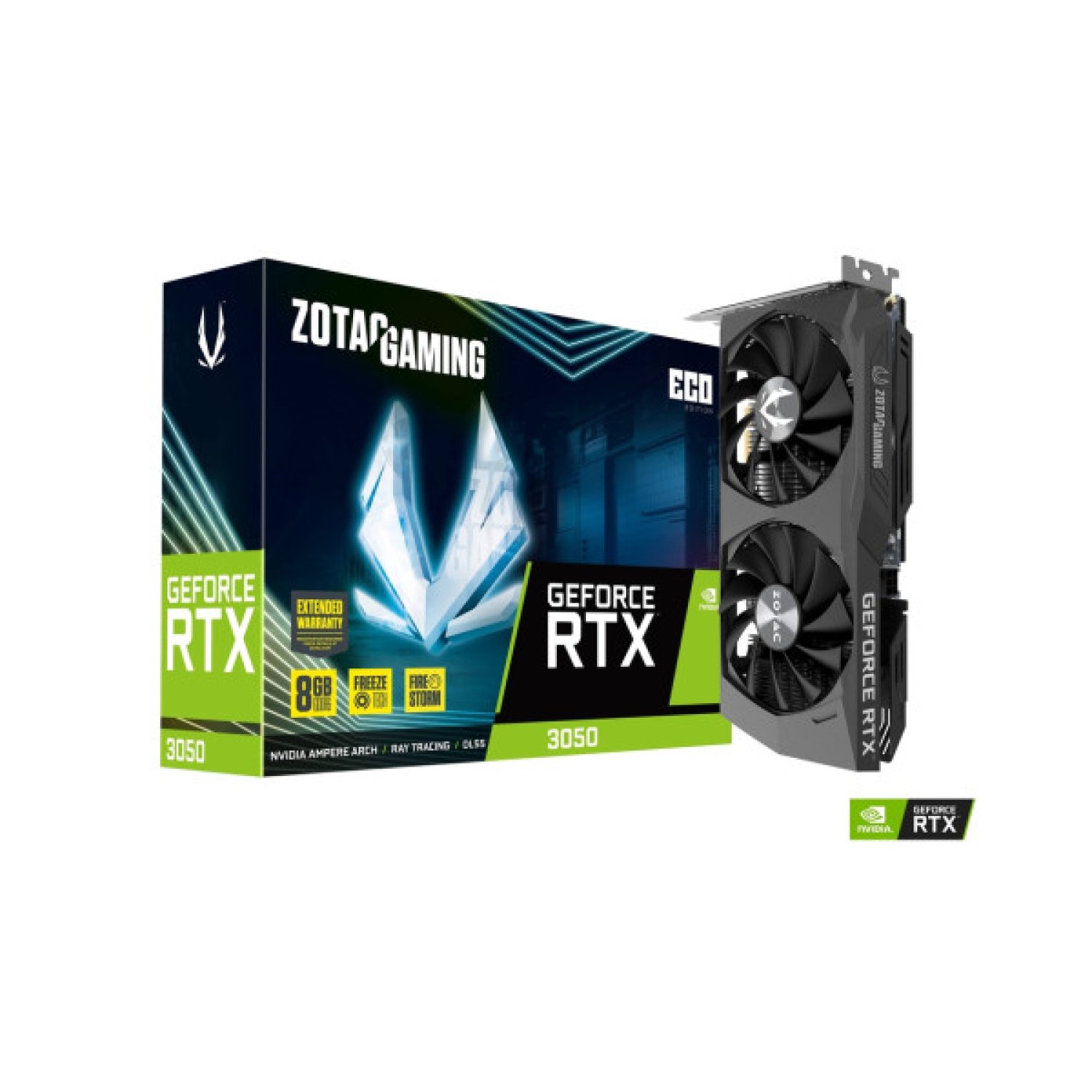 Zotac RTX 3050 ECO · 8GB GDDR6 · 128-bit · HDMI + 3DisplayPort