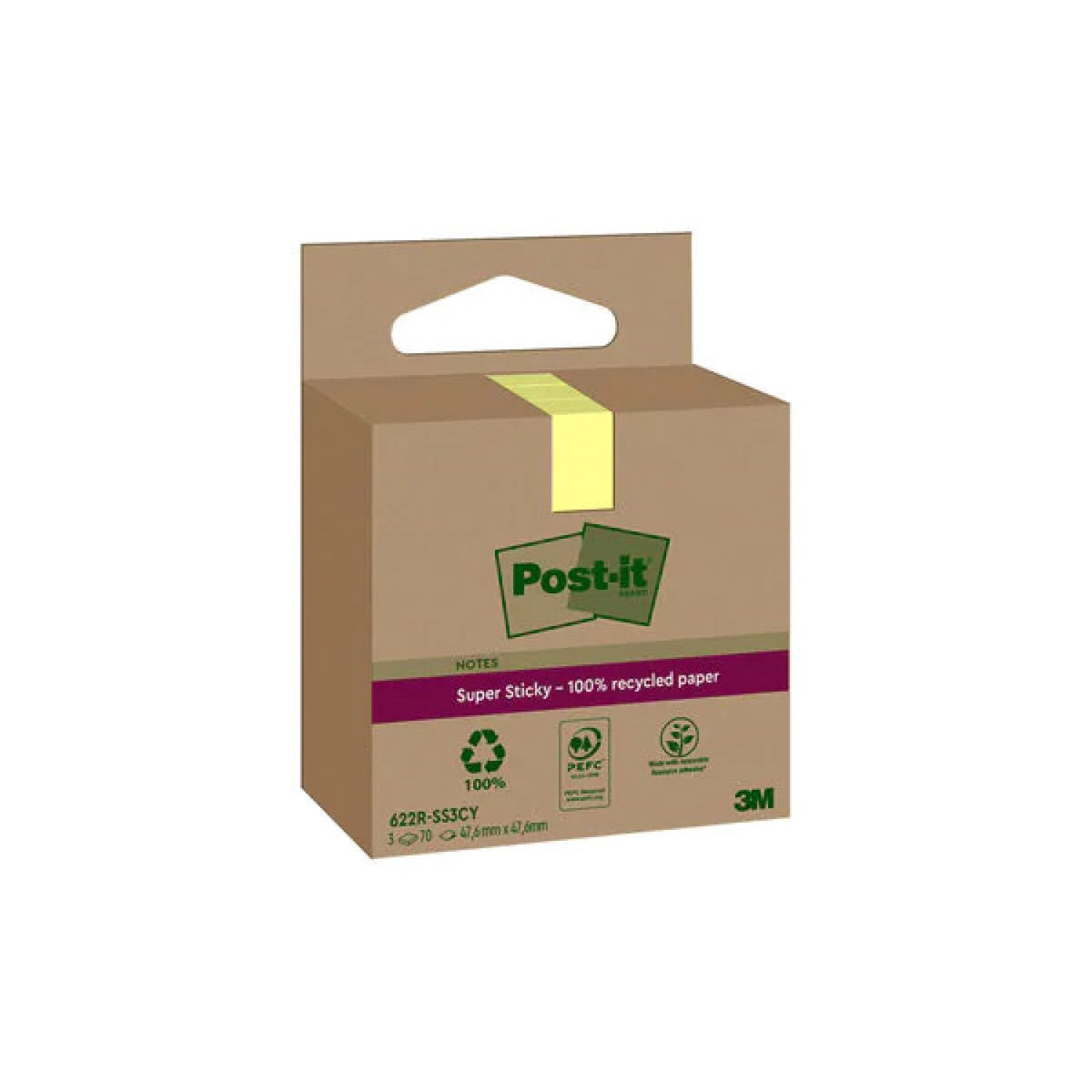 Post-it · Pack 3 Blocs Notas Recicladas Adhesivas · 47,6x47,6mm · Amarillo Pastel