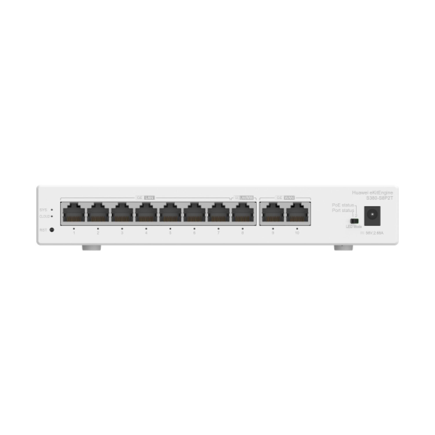 Huawei S380-S8P2T · Switch Empresarial · 2 GE WAN + 8 GE LAN · PoE 124W
