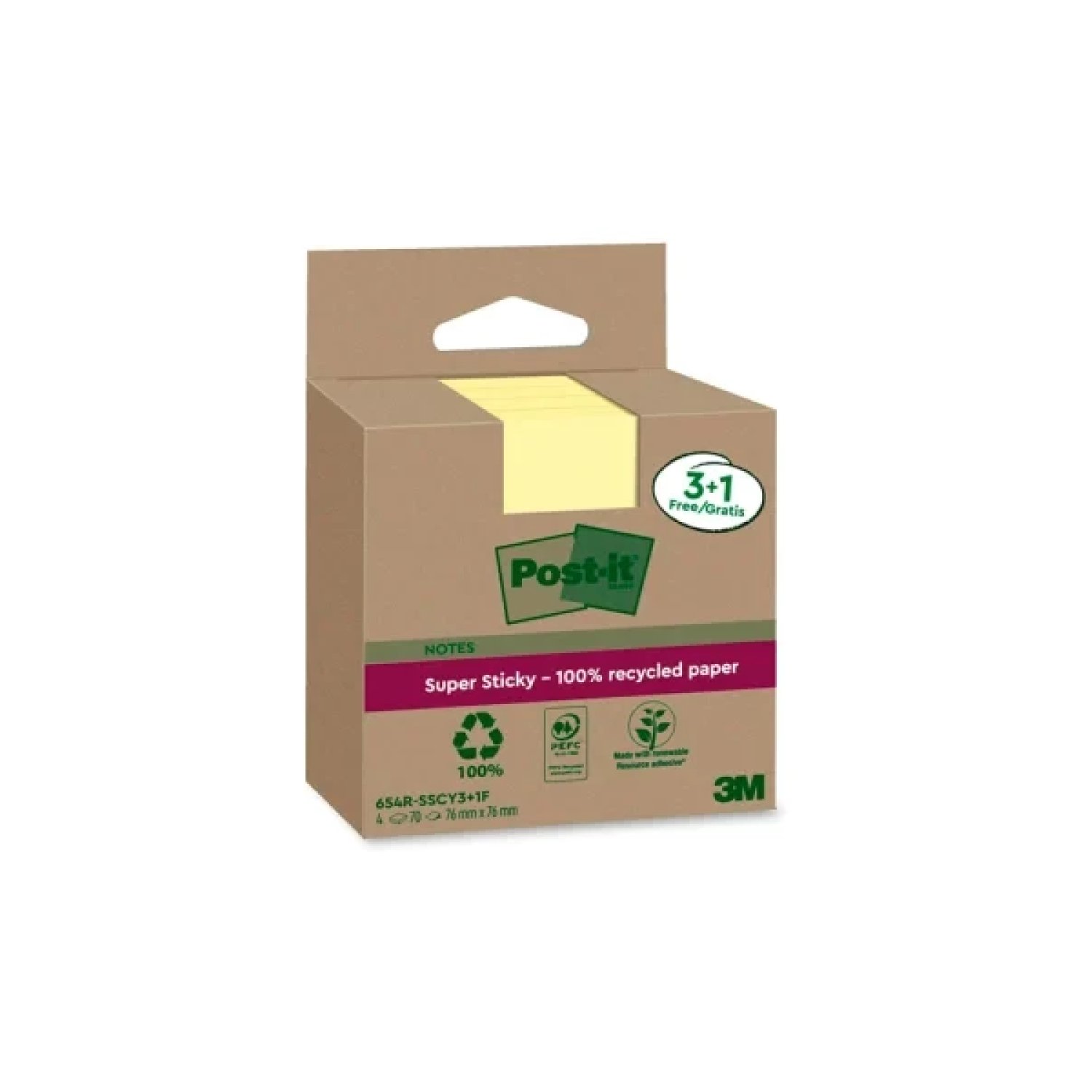 Post-it · Pack 4 Blocs Notas Adhesivas · 90 Hojas · 76x76mm · Amarillo Pastel Reciclado