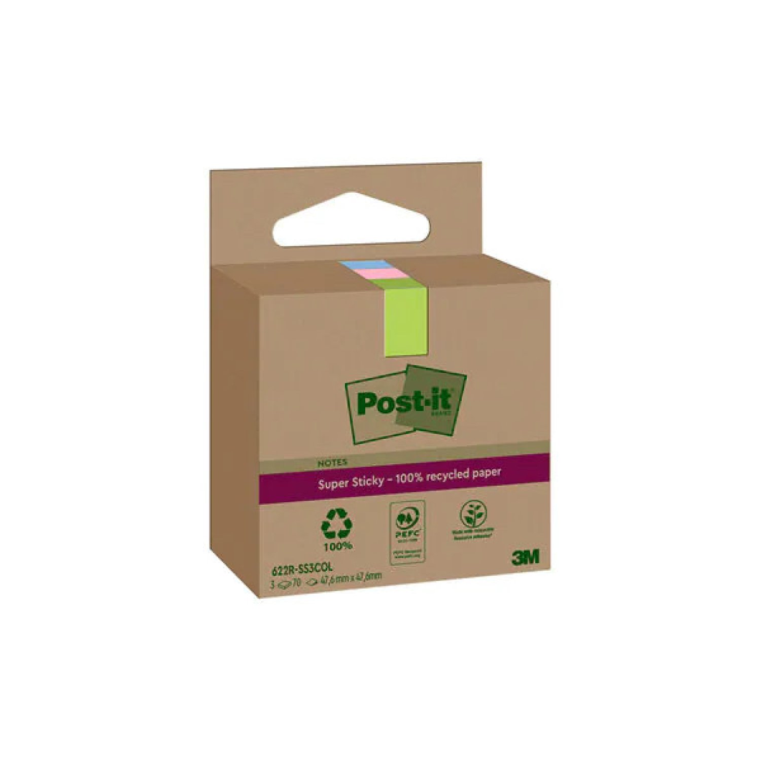 Post-it · Pack 3 Blocs Notas Adhesivas · 47,6x47,6mm · Recicladas · Colores Surtidos
