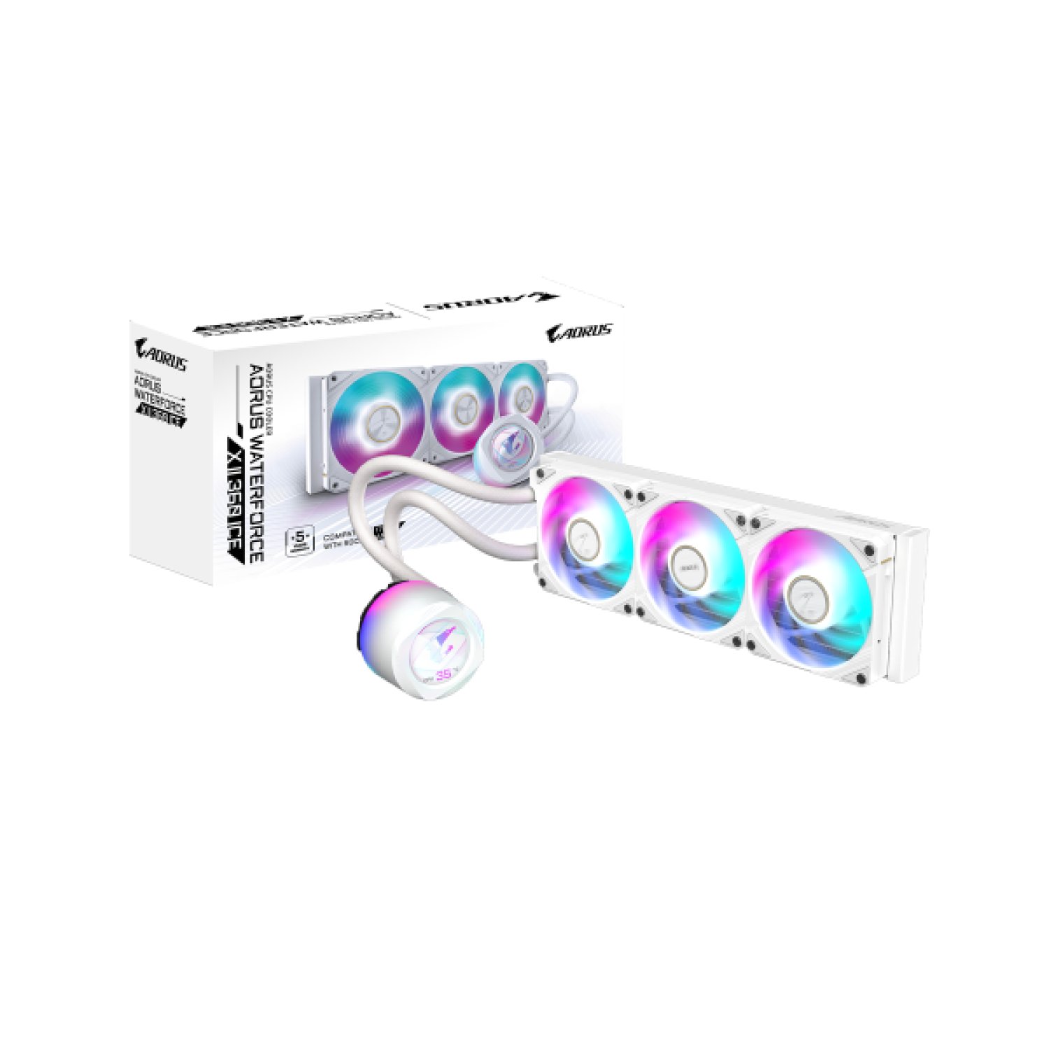 Gigabyte AORUS Waterforce X II 360 · AIO Refrigeración Líquida · 3 Ventiladores 120mm ARGB · Pantalla LCD · LGA1700/AM5