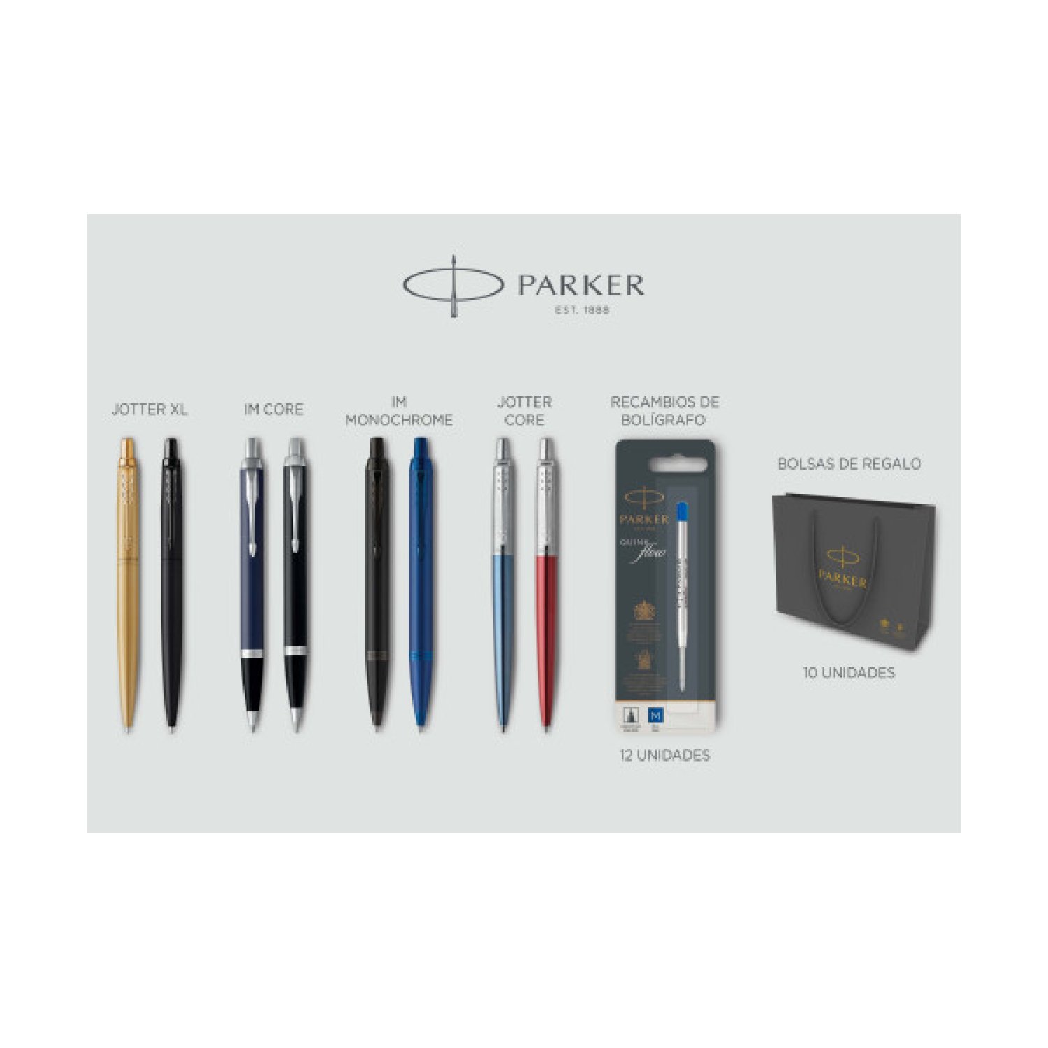 Parker · Lote Escritura 8 Bolígrafos · 6+2 de Regalo · 12 Recambios · 10 Bolsas