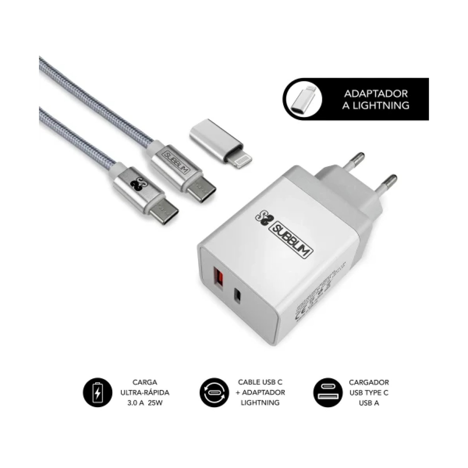 Subblim Cargador Rápido 25W · 2 USB · PD + QC3.0 · Cable USB-C y Lightning · Blanco