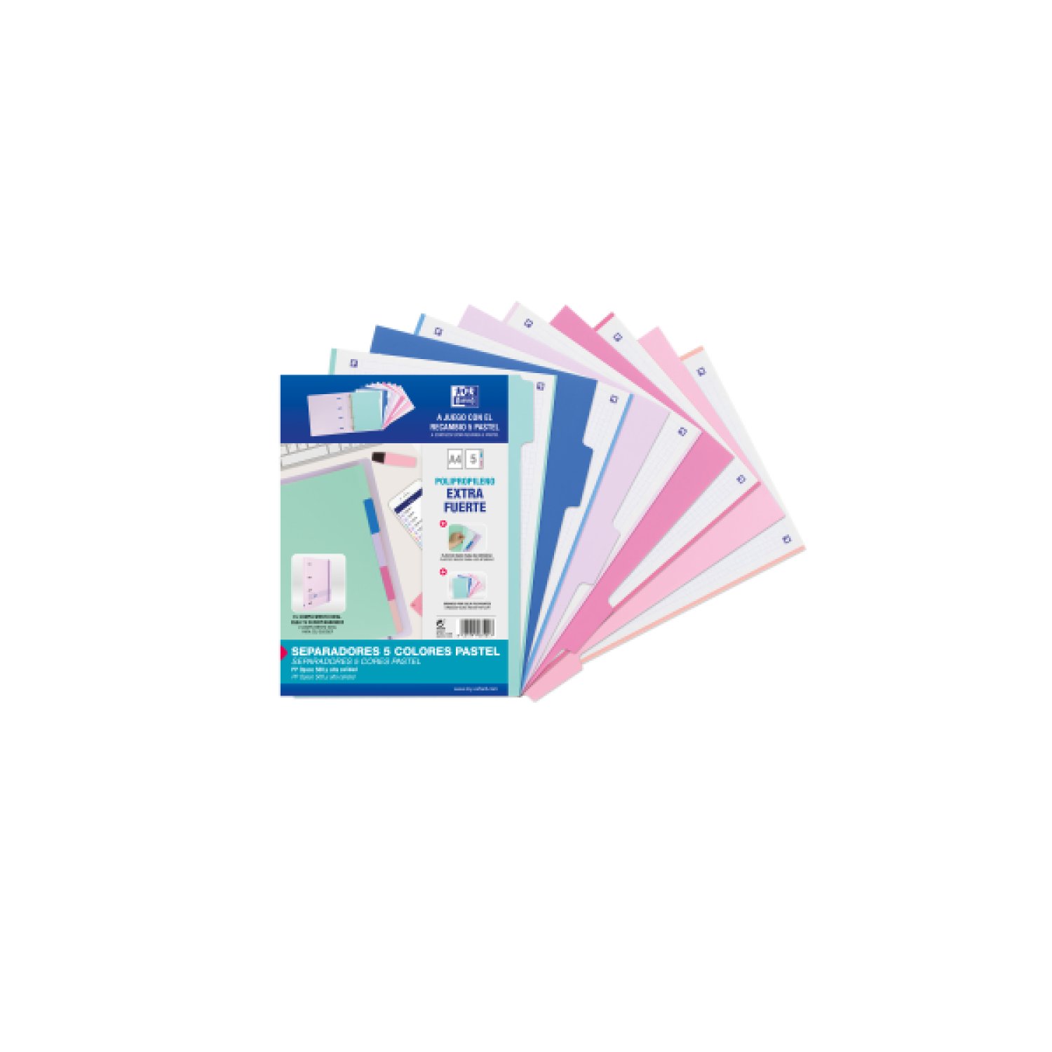Oxford · Separadores PP A4 · 5 Posiciones · 500 Micras · Colores Pastel
