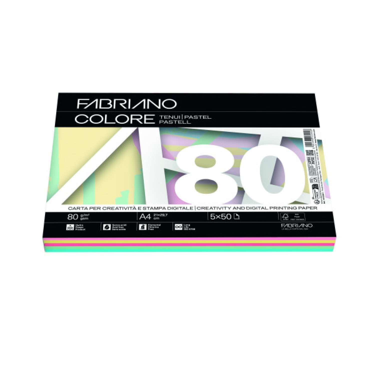 Fabriano · Papel A4 80g · 250 hojas Colores Pastel Surtidos · 50 hojas por color