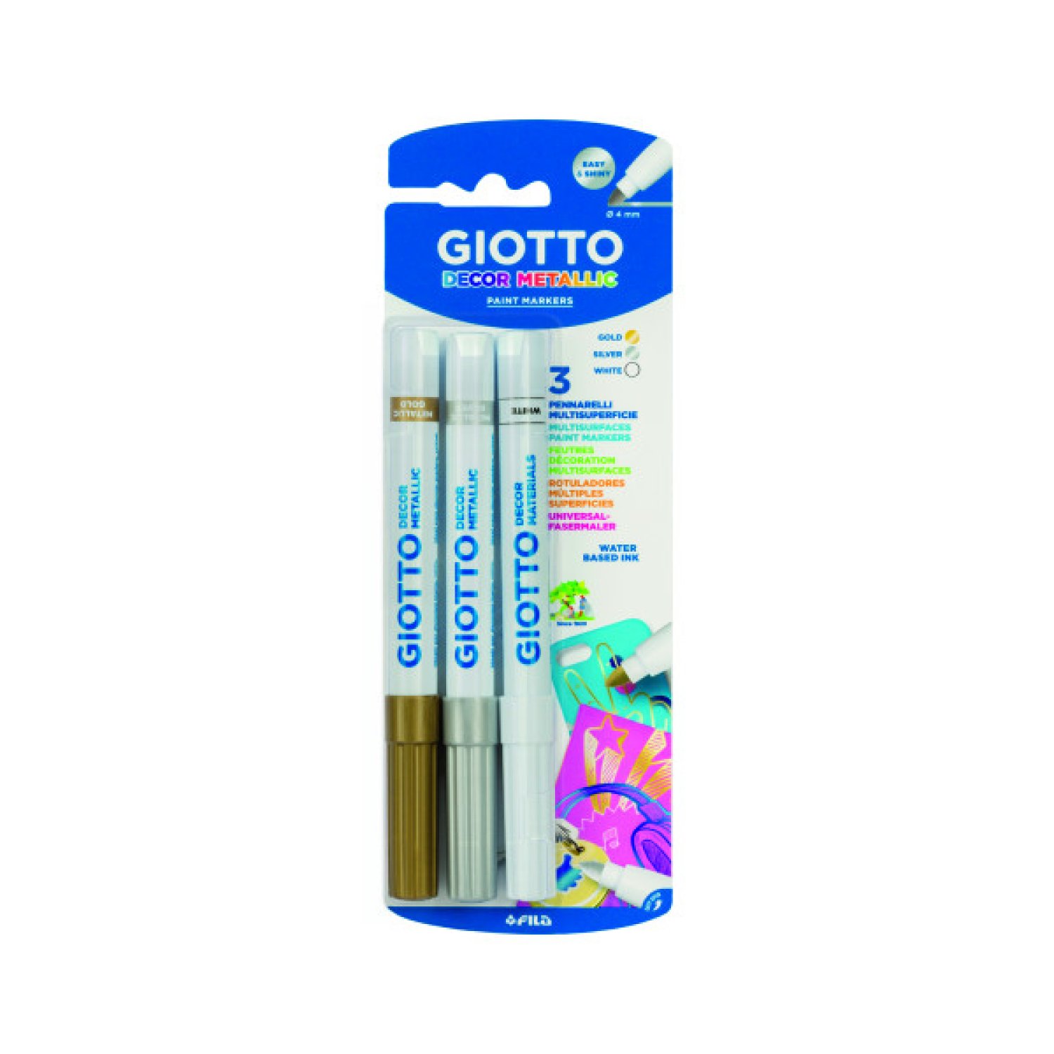 Giotto · Rotuladores Decor Metallic · 3 Colores (Oro, Plata, Blanco)