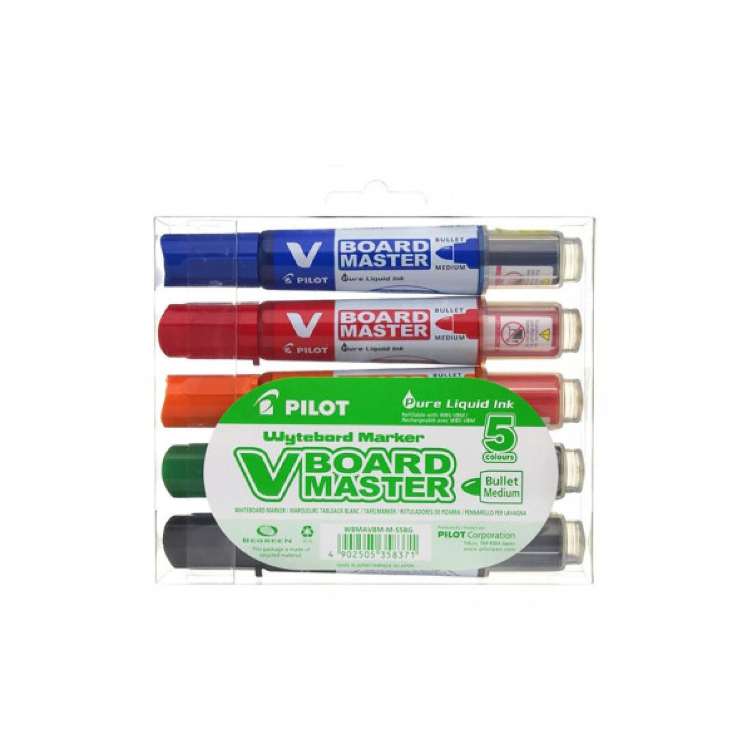 Pilot V-Board Master · Set 5 Marcadores · Punta Redonda · Negro, Azul, Verde, Naranja, Rojo