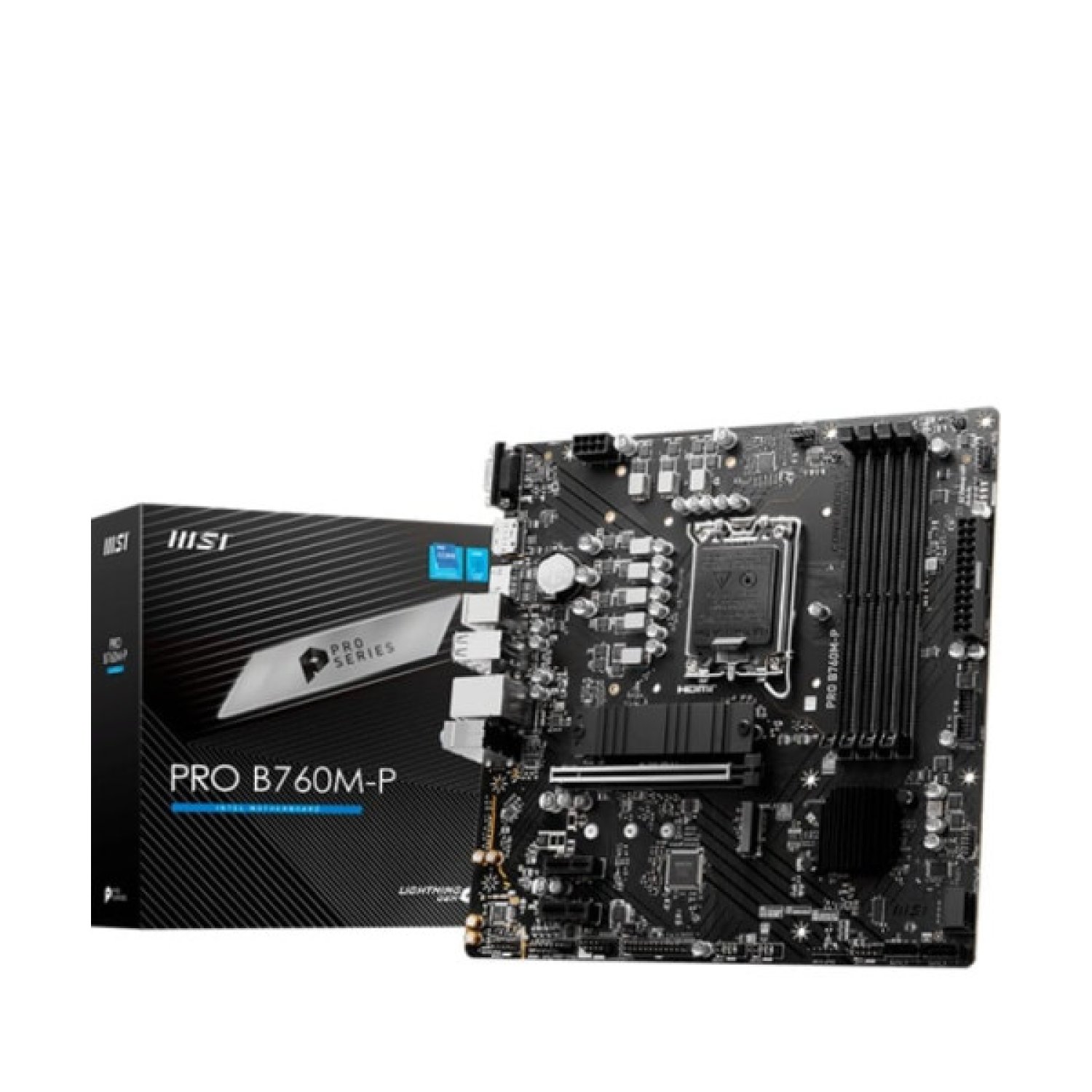 MSI PRO B760M-P · LGA1700 · B760 · DDR5 hasta 192GB · VGA+HDMI+DP · 4SATA+2M.2 · Micro-ATX