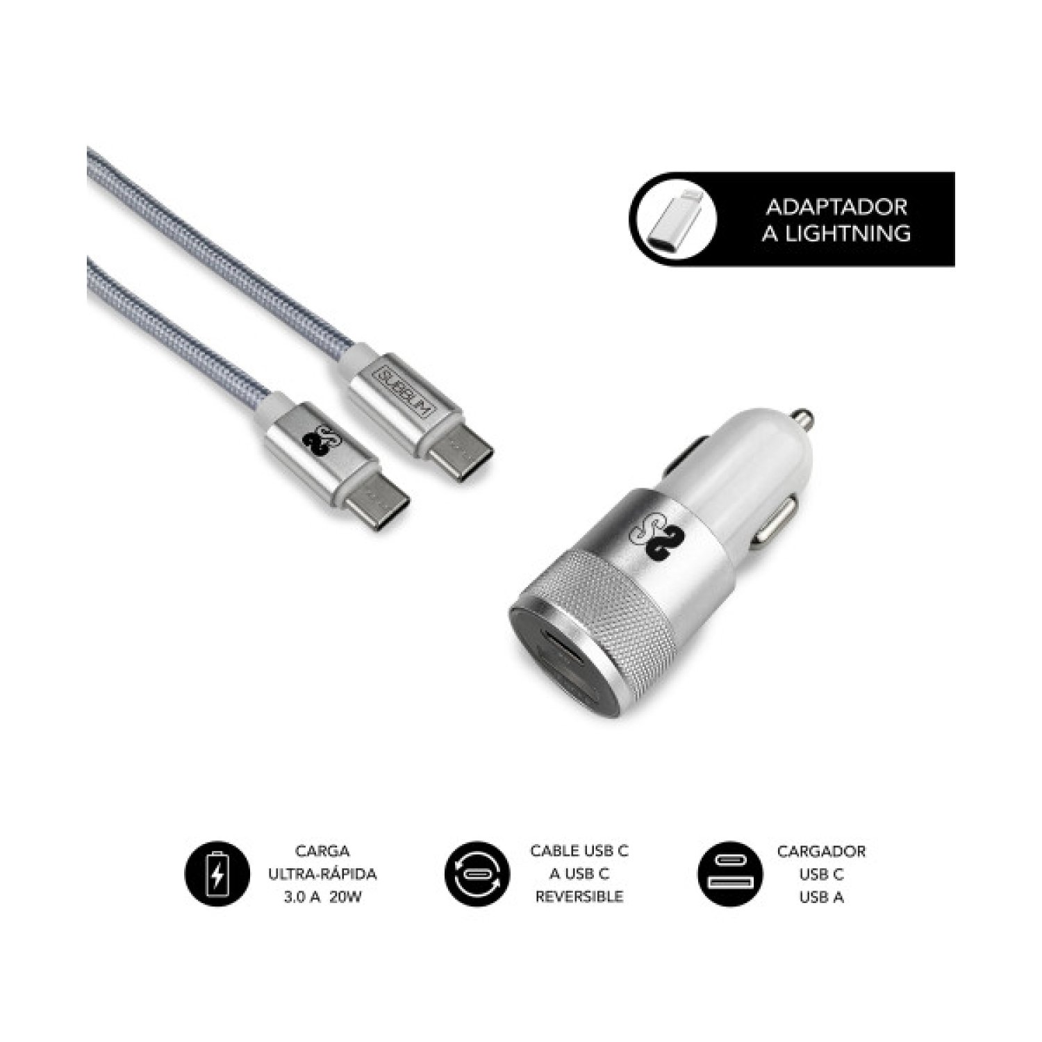Subblim · Cargador Dual para Coche · 20W PD + QC 3.0 · USB-C y Lightning