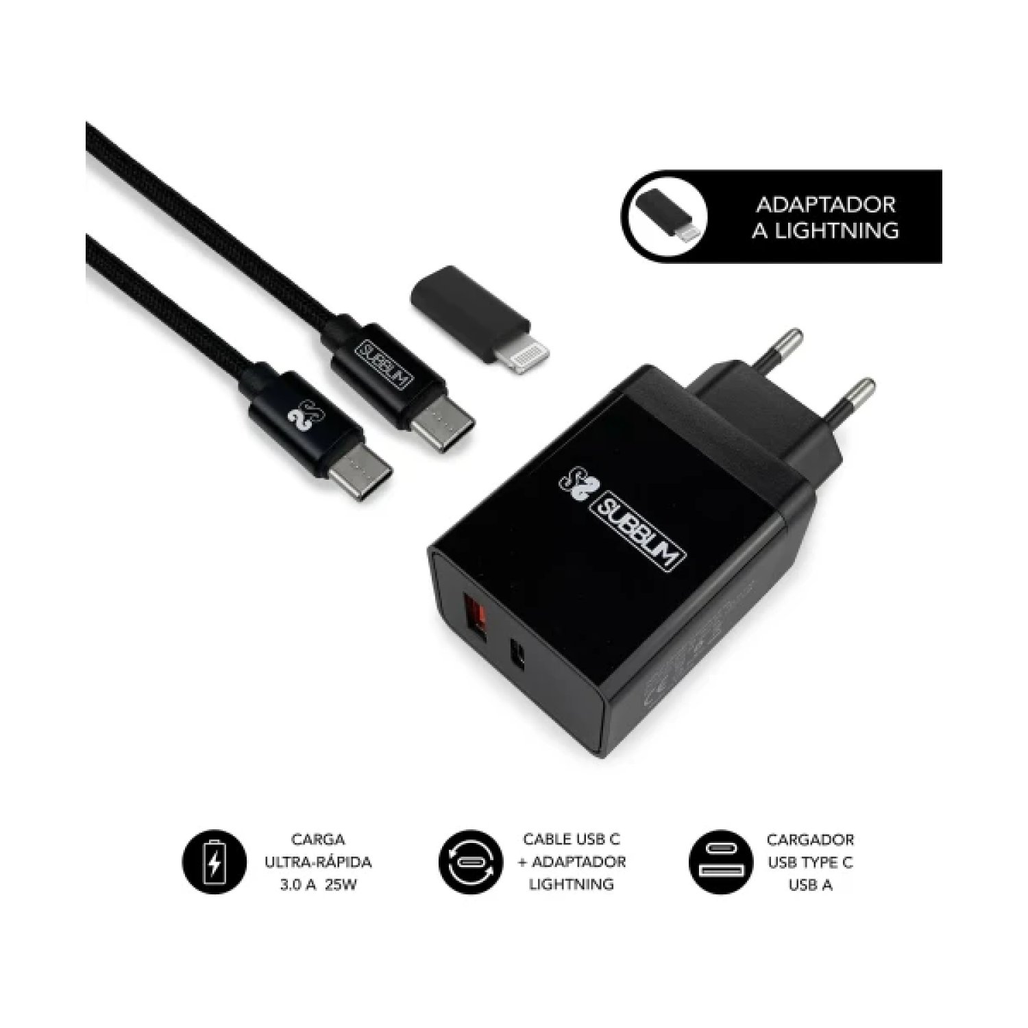 Subblim · Cargador Muro Ultra Rápido 25W · 2 USB + PD + QC3.0 · Cable USB-C y Lightning