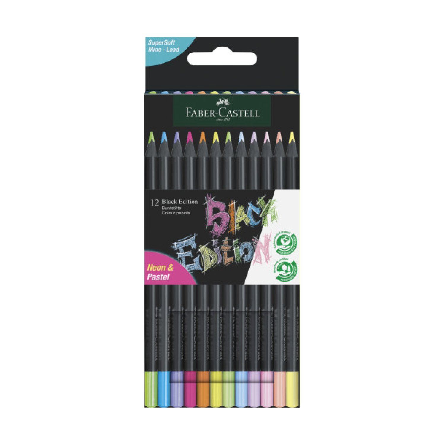Faber-Castell · Lápices de Color Neon · Black Edition · 12 unidades · Estuche Cartón