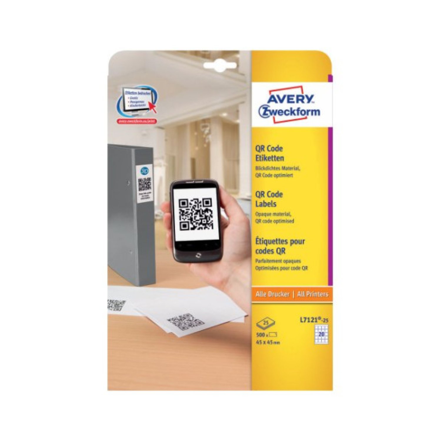 Avery L7121-25 · Etiquetas Autoadhesivas · 500 unidades · Adhesivo Permanente · Blanco