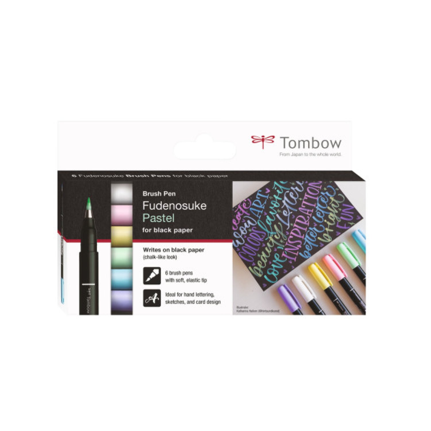 Tombow Fudenosuke · 6 Rotuladores Base de Agua · Papel Oscuro · Colores Pastel
