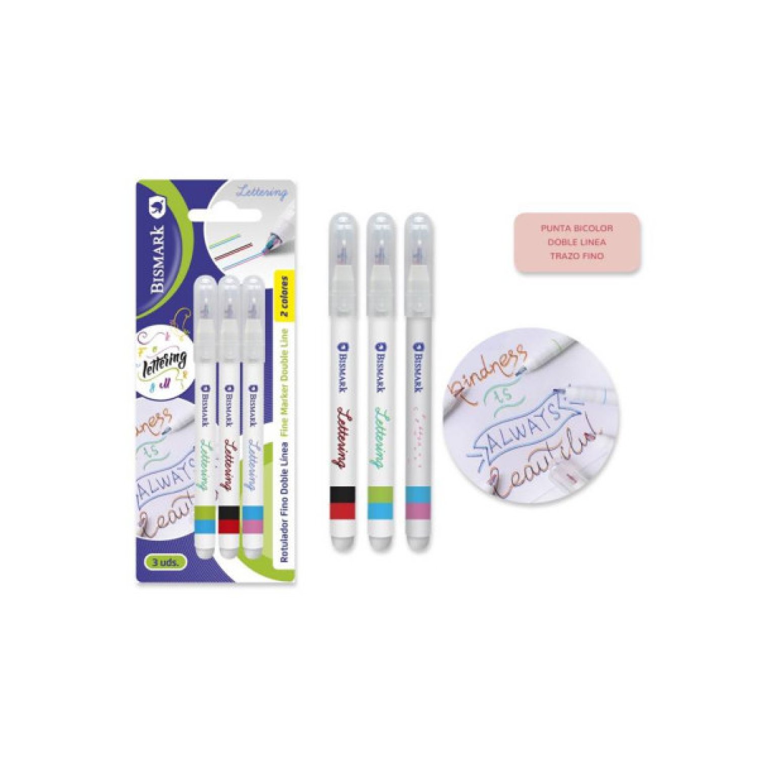 Bismark · Set 3 Rotuladores Lettering Doble Línea Bicolor
