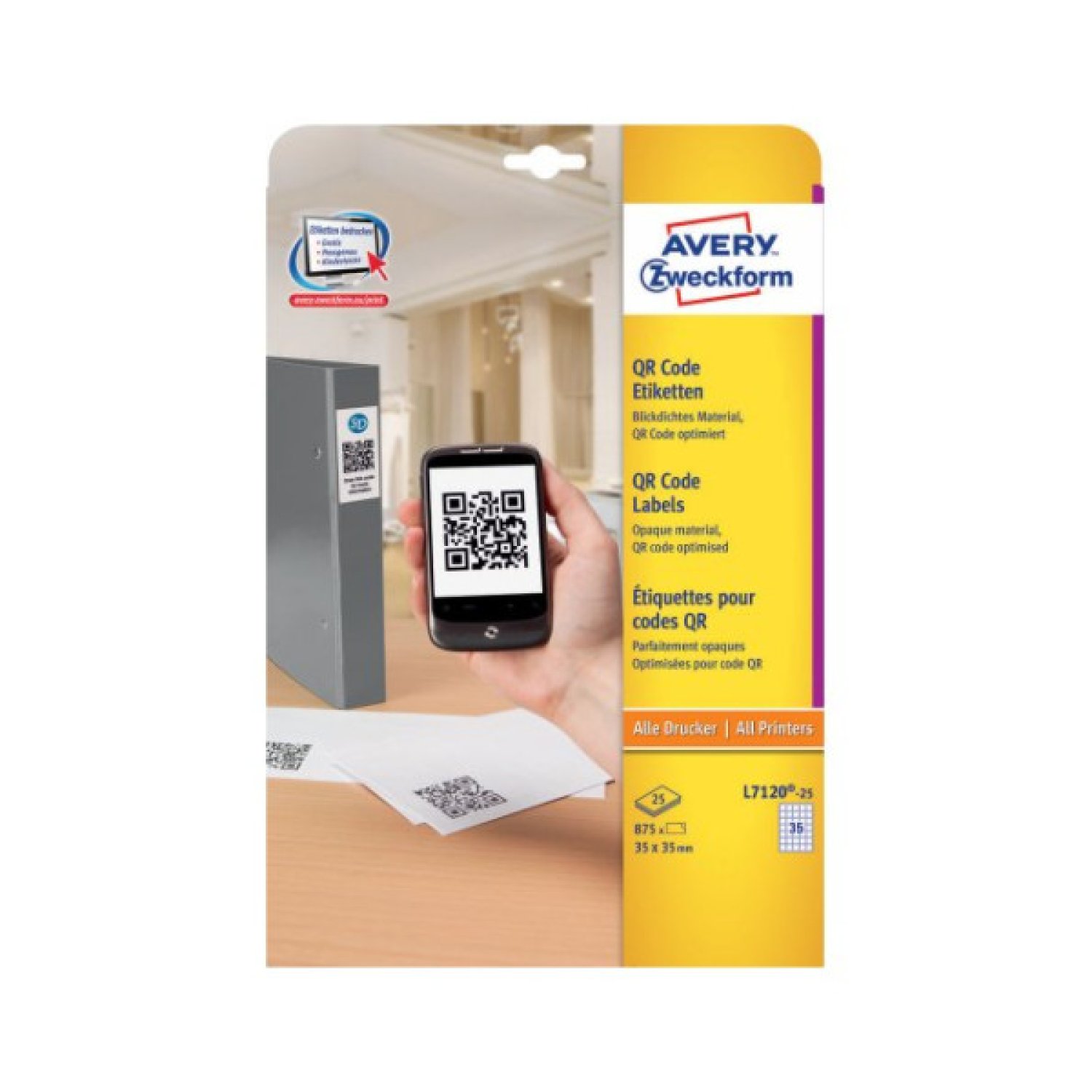 Avery L7120-25 · Etiquetas Autoadhesivas · 875 Piezas · Blanco · Adhesivo Permanente
