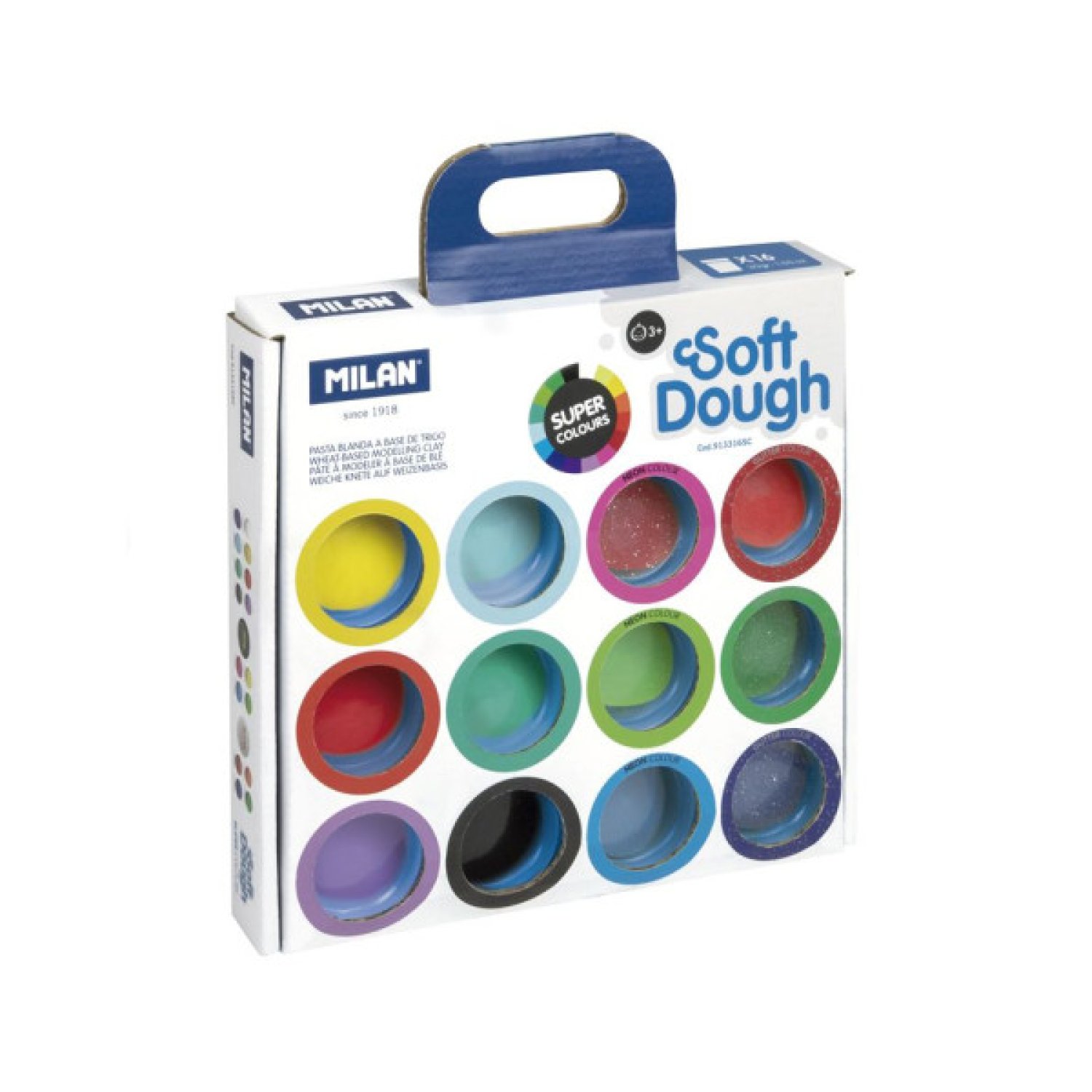 Milan · Maletín Plastilina Soft Dough · 16 botes 30gr · Colores surtidos neón y glitter