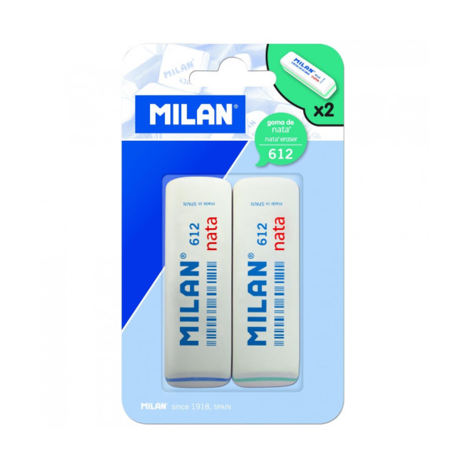 Milan · Gomas de Borrar · Pack 2 Unidades · Biseladas · Nata