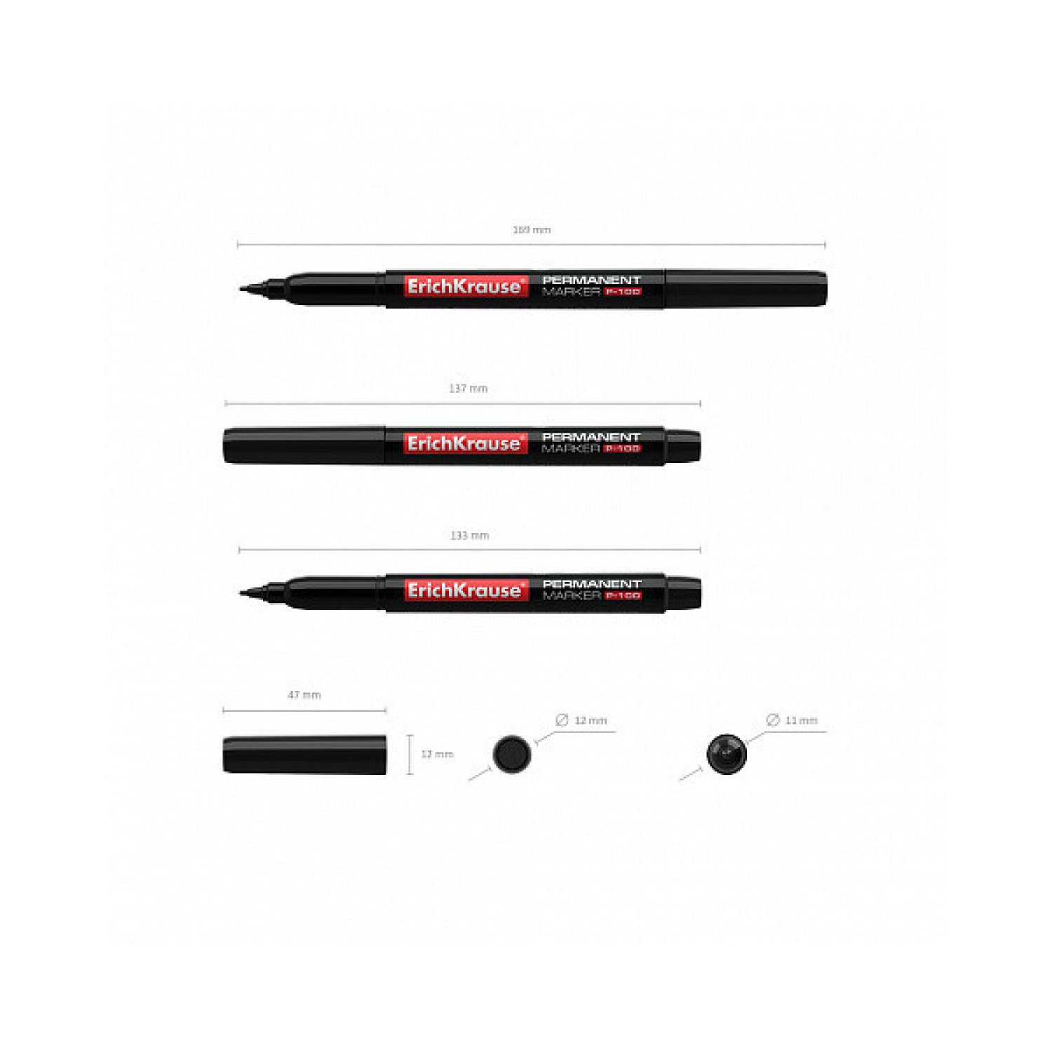 Erich Krause Marcador Permanente P-100 · Negro · Punta Resistente · Pack 12 Unidades